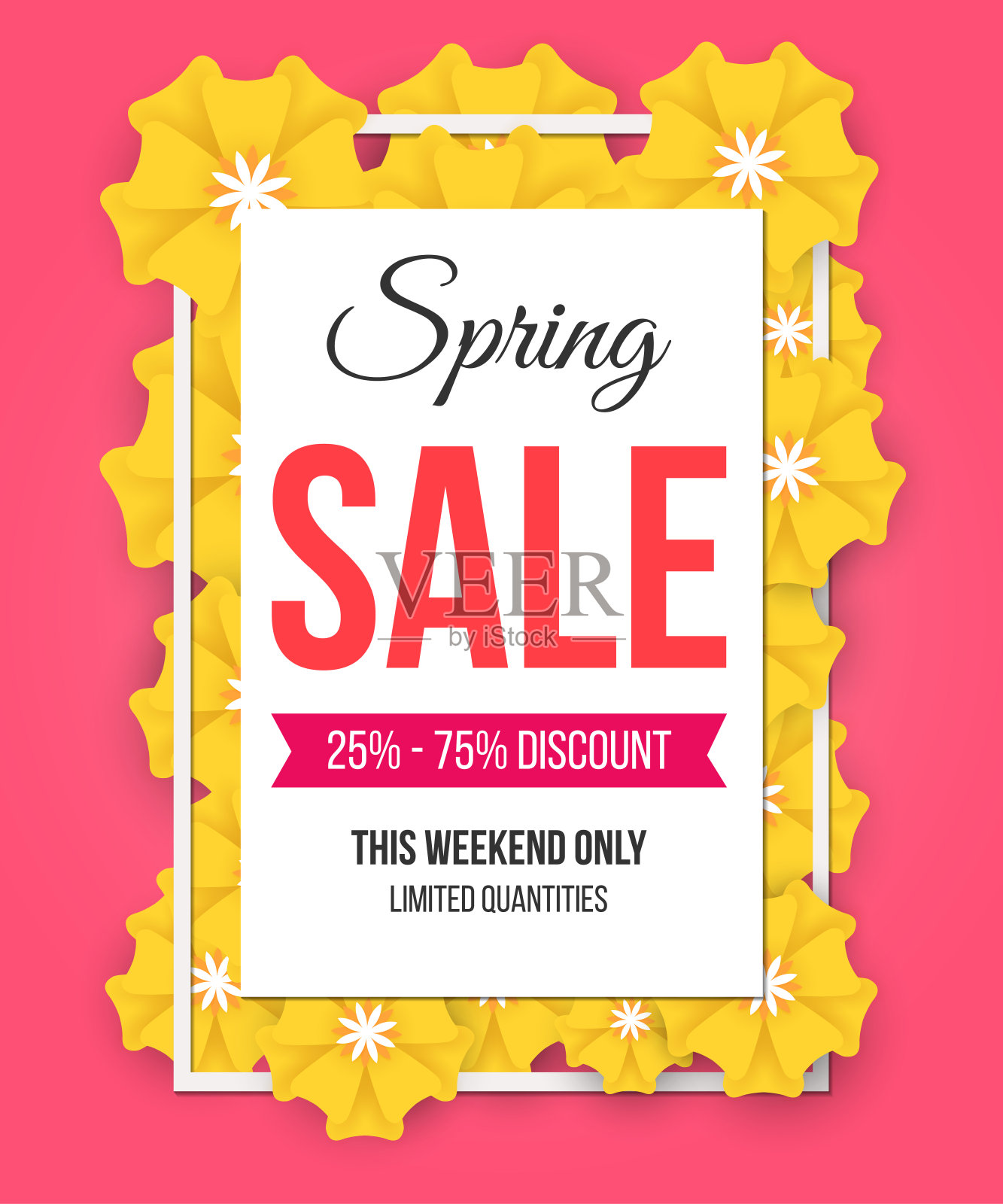 春季促销海报，漂亮的黄色纸花设计模板素材