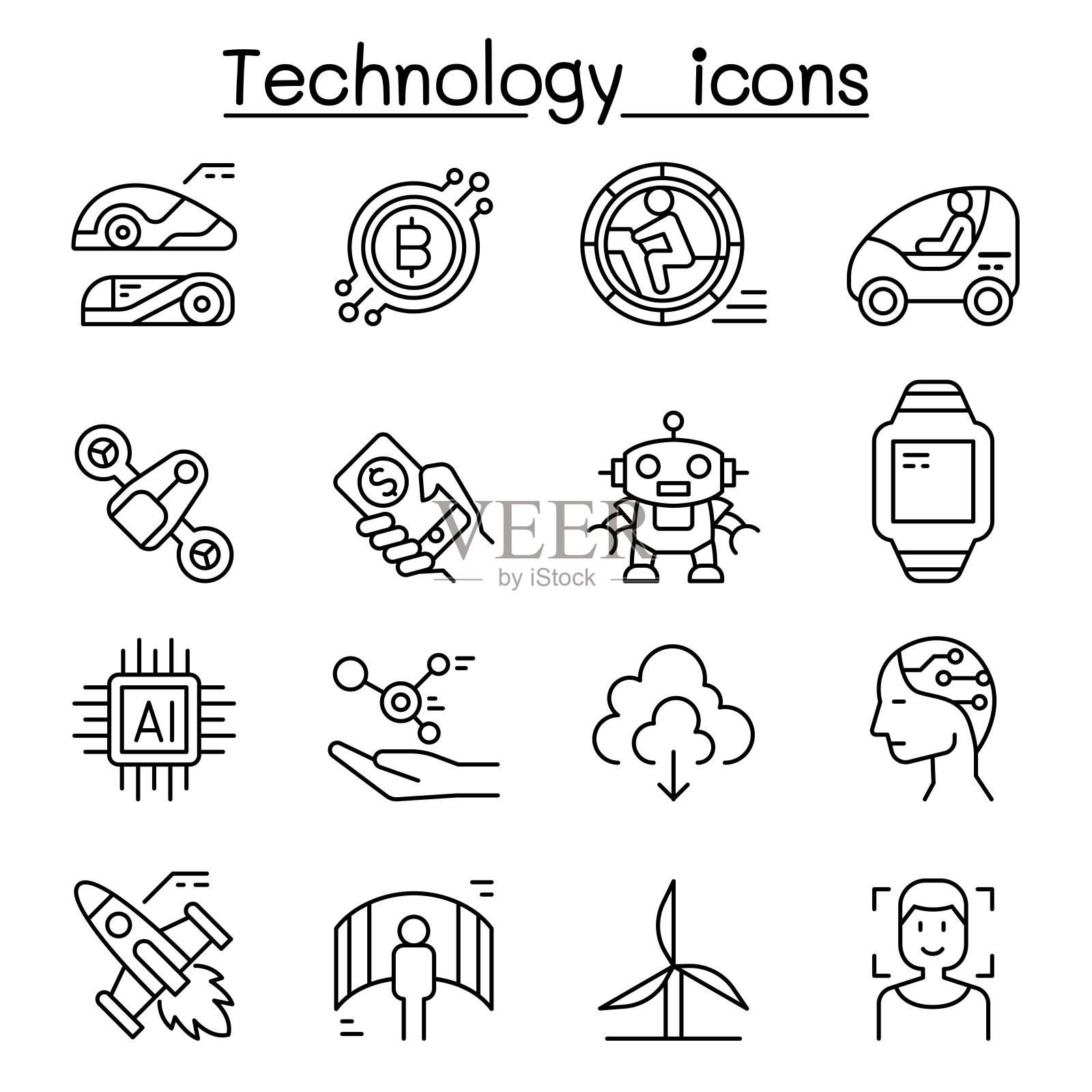 技术图标设置在细线风格图标素材