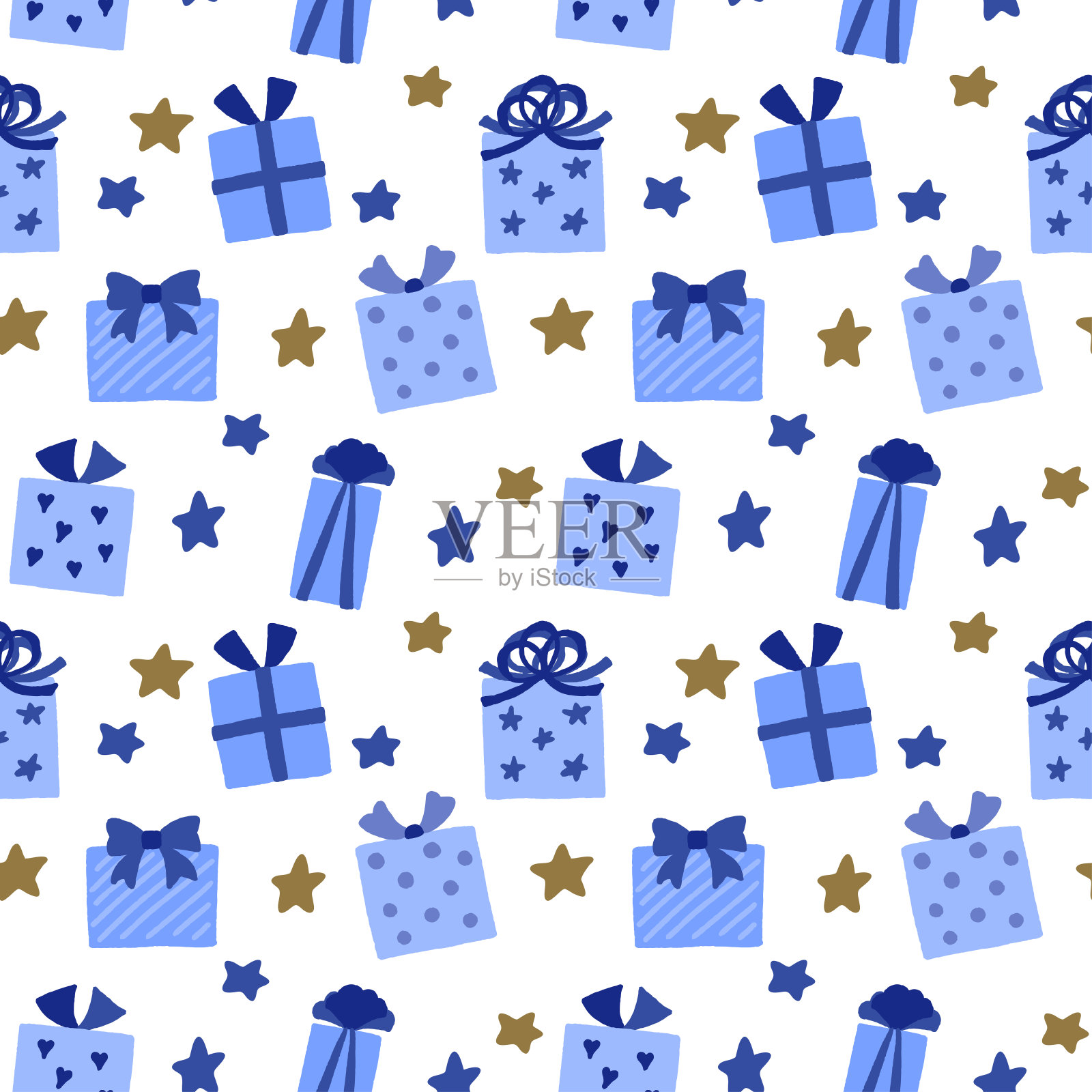 蓝色礼品和星星装饰无缝图案插画图片素材