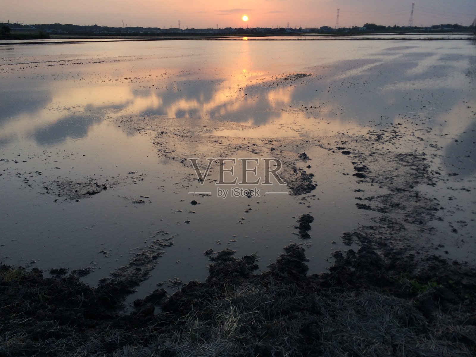 风景映照在日本乡村的水面上照片摄影图片