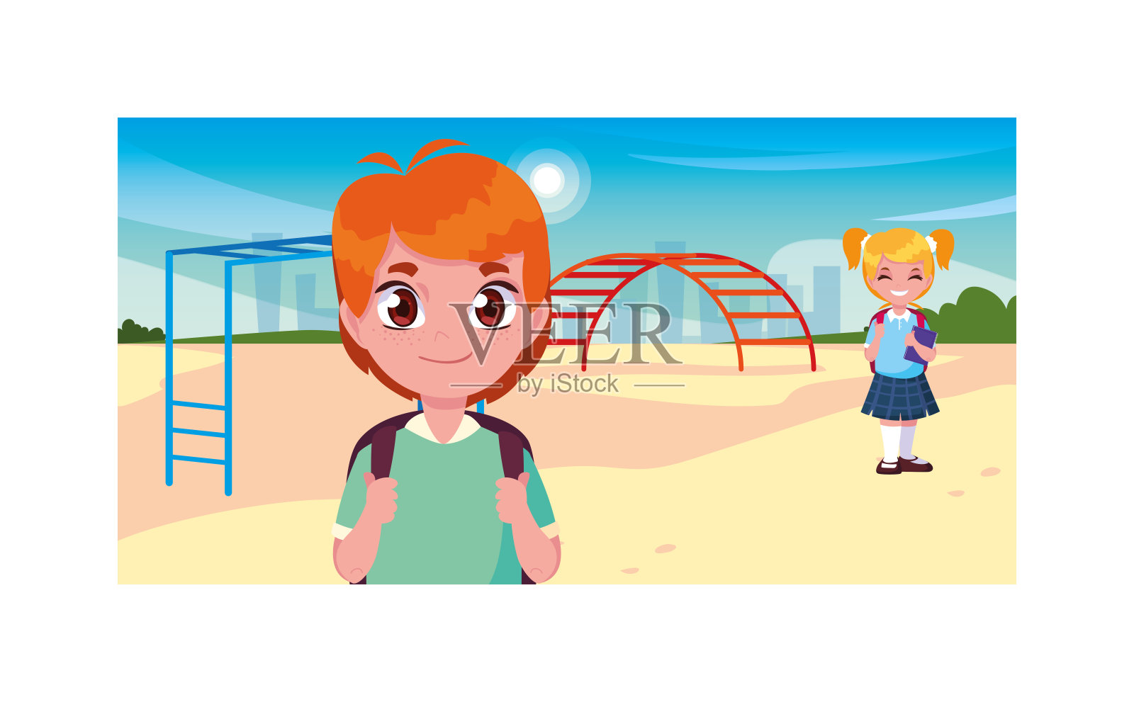 孩子们微笑着在公园里玩耍，回到学校插画图片素材