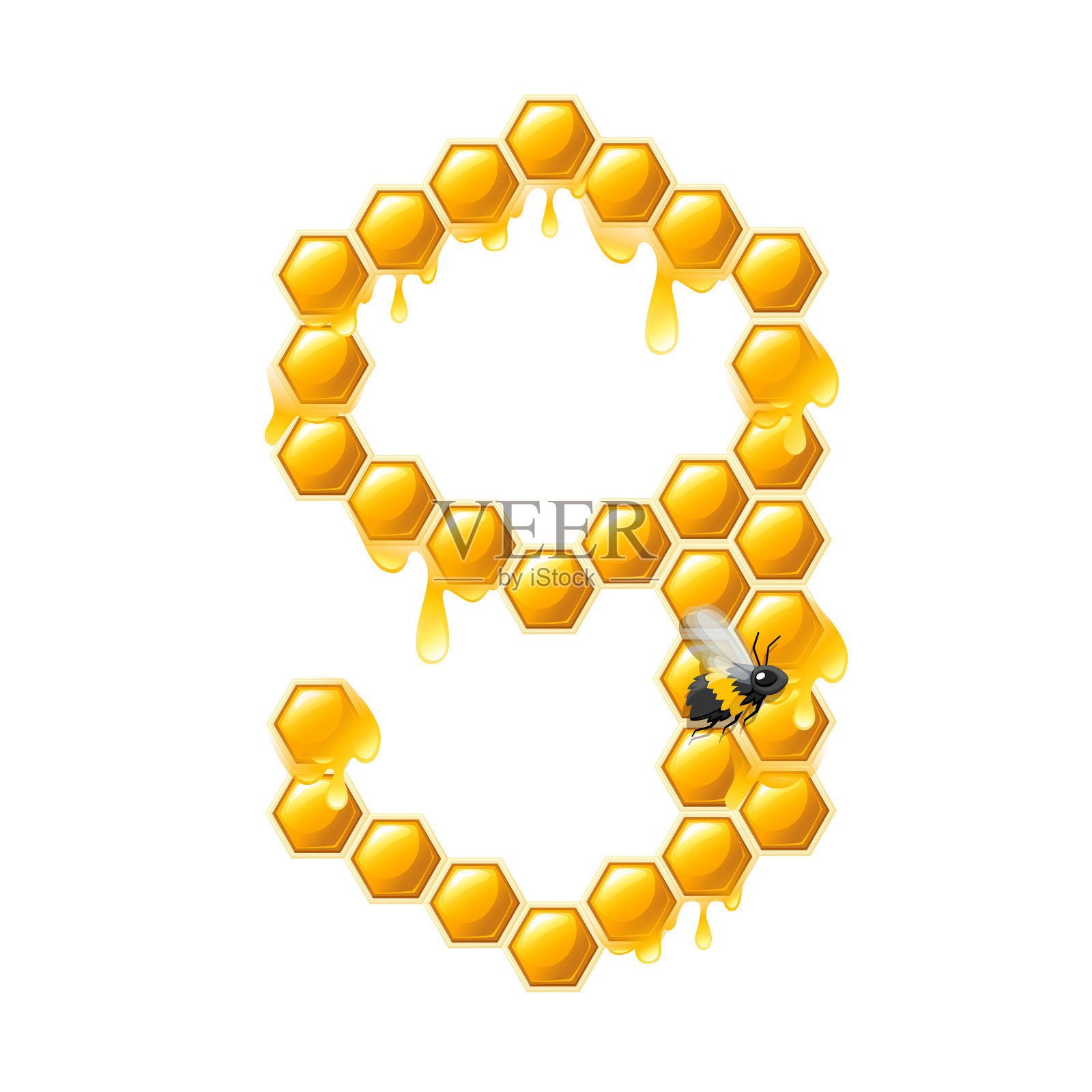 蜂房编号9与蜂蜜滴和蜜蜂卡通风格的食物设计平面矢量插图孤立在白色的背景插画图片素材