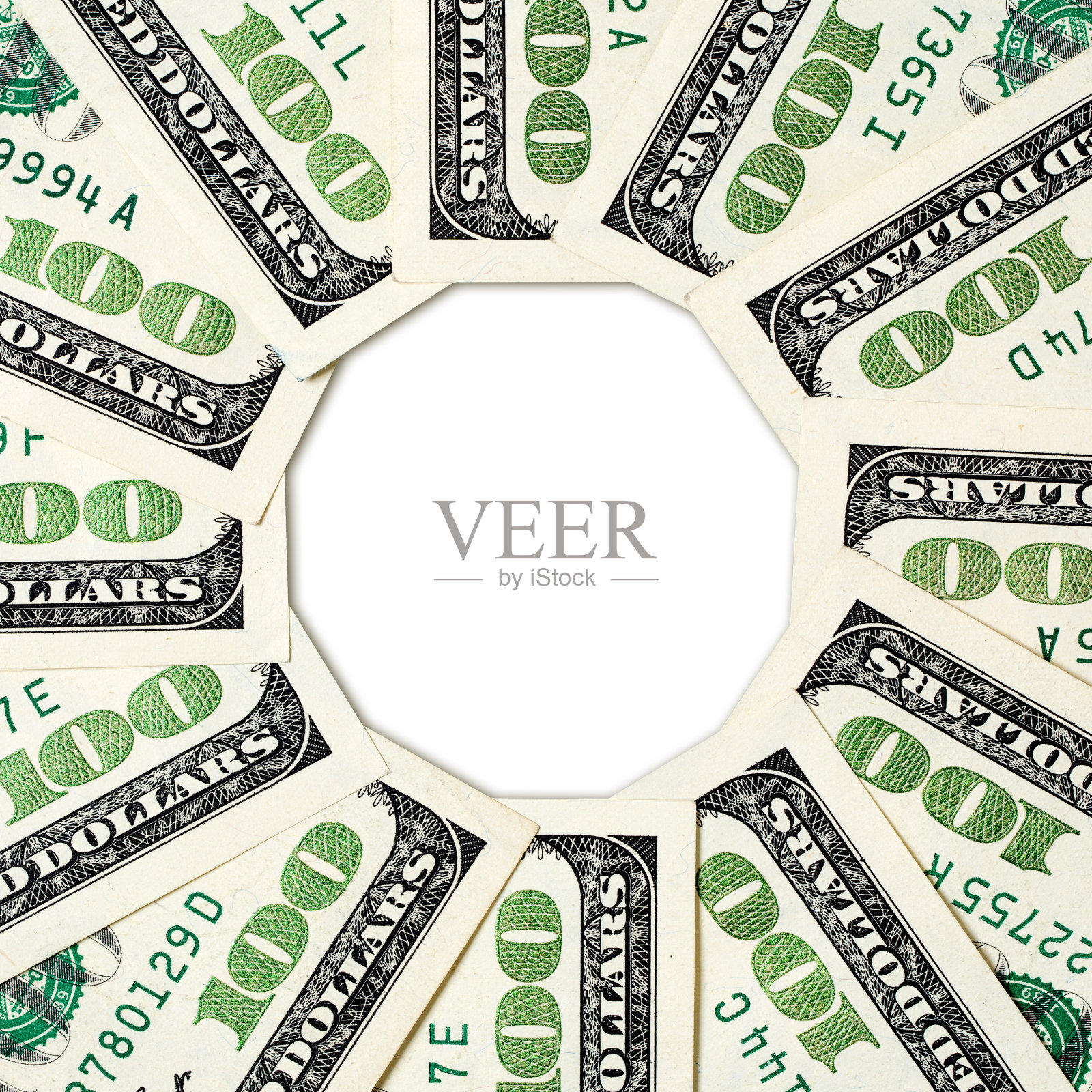 用100美元钞票做成的画框，上面留有空白供复印照片摄影图片