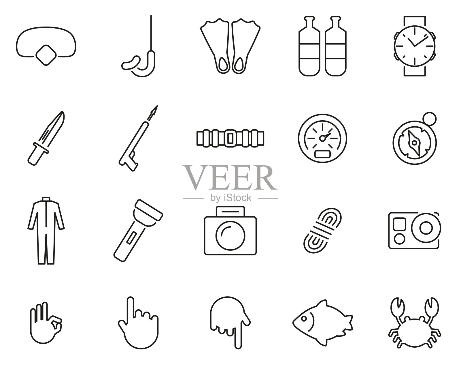 潜水和潜水装备图标黑色和白色细线设置大插画图片素材