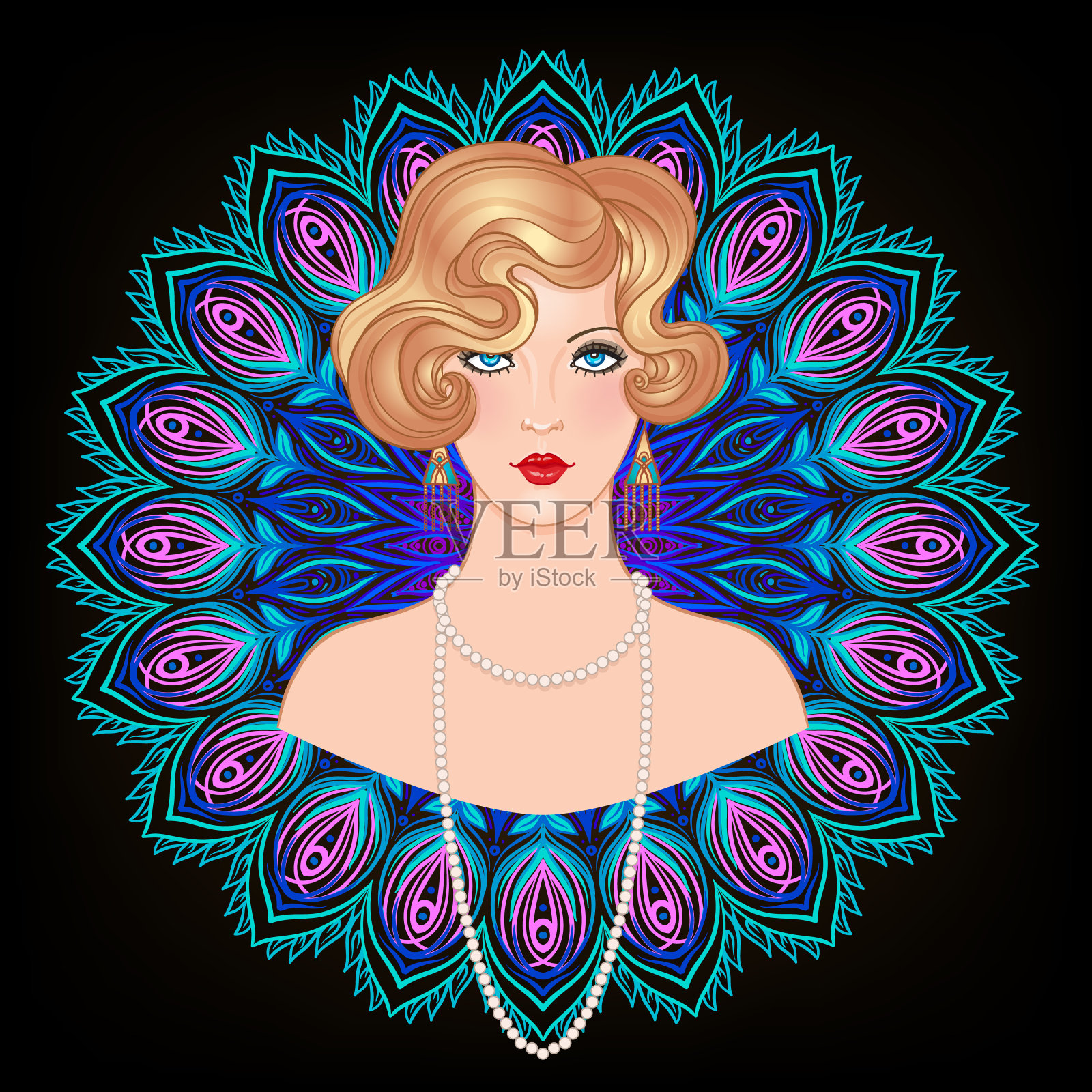 装饰艺术复古邀请模板设计与插图的摩登女孩。模式和框架。复古派对背景设置(1920年的风格)。矢量魅力事件。插画图片素材