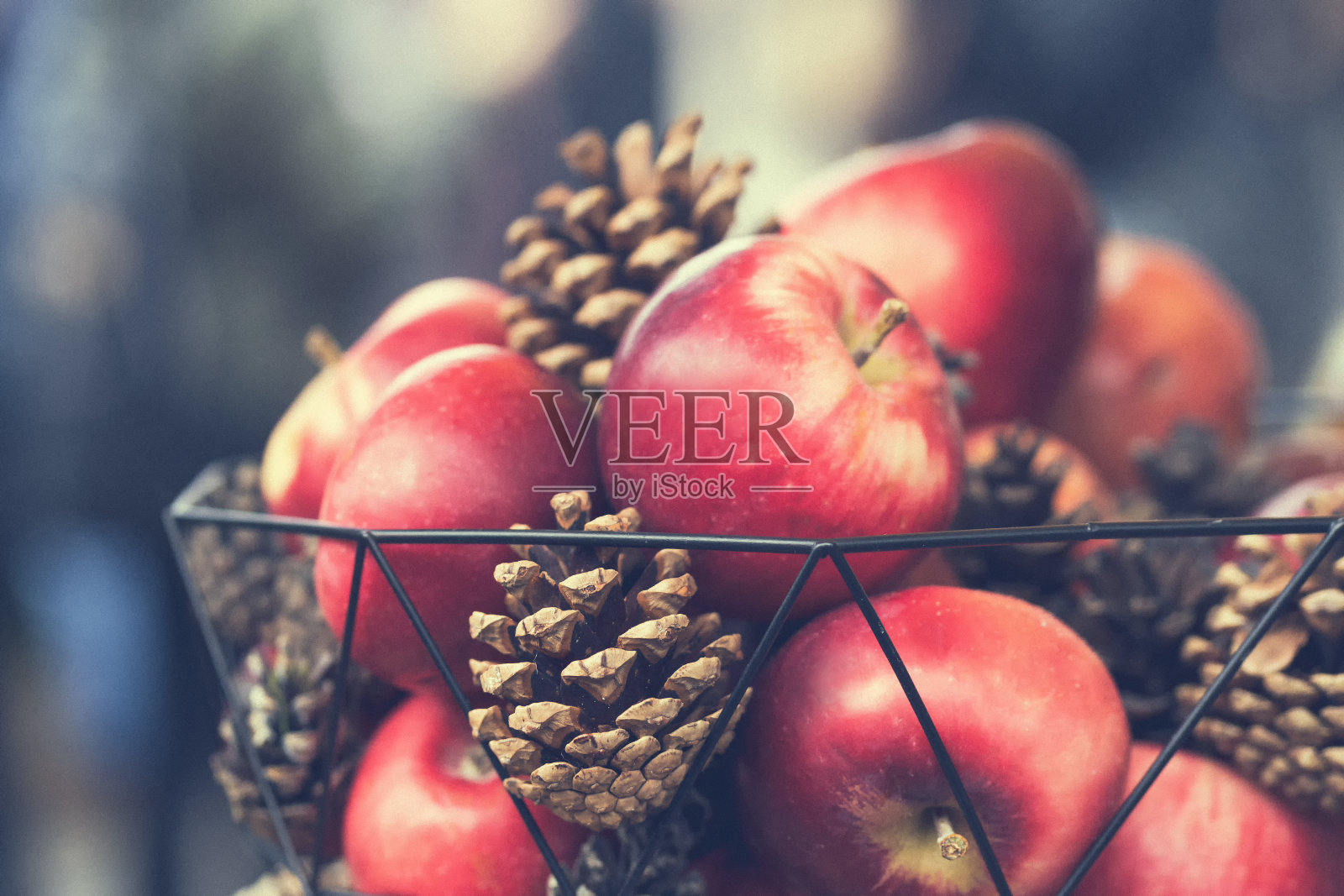 花瓶里装着松果的苹果照片摄影图片