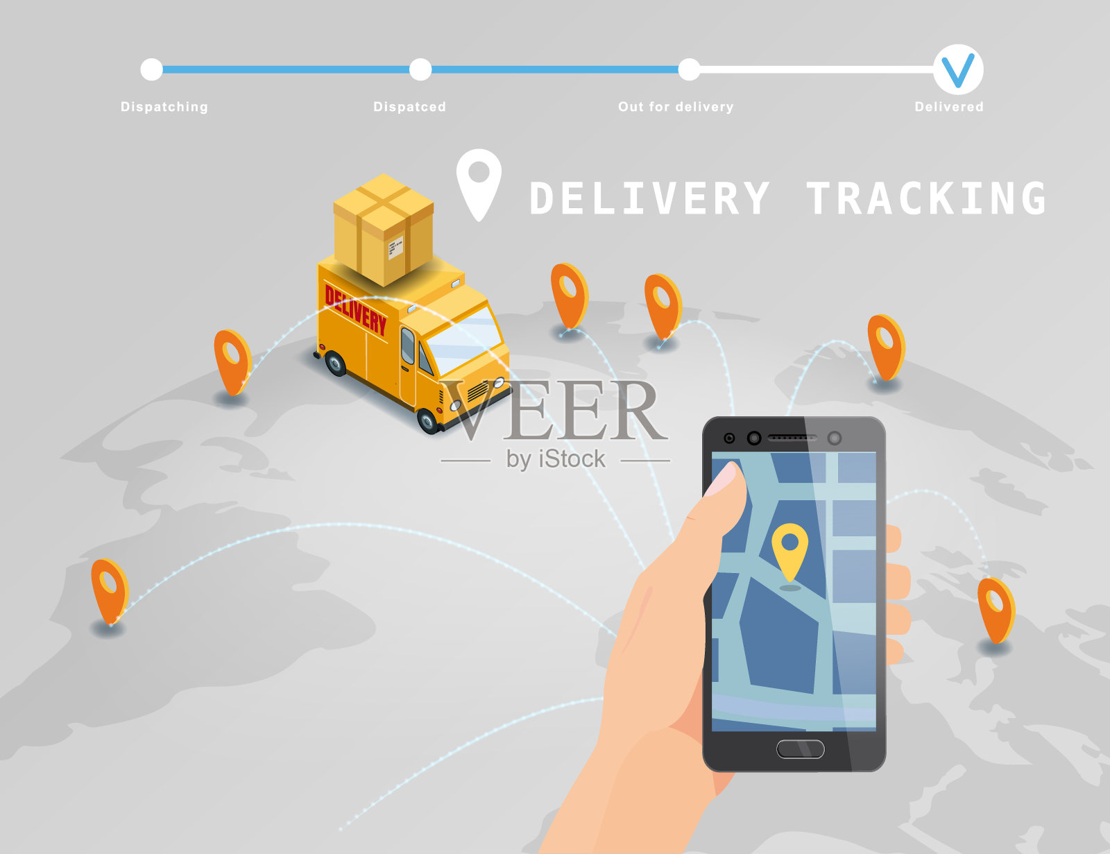 交付全球跟踪系统服务在线等距设计与卡车，盒子在地图地球。配有GPS导航地图应用的手持智能手机。智能物流和交通理念。矢量孤立的插图web，横幅，ui，移动应用程序插画图片素材