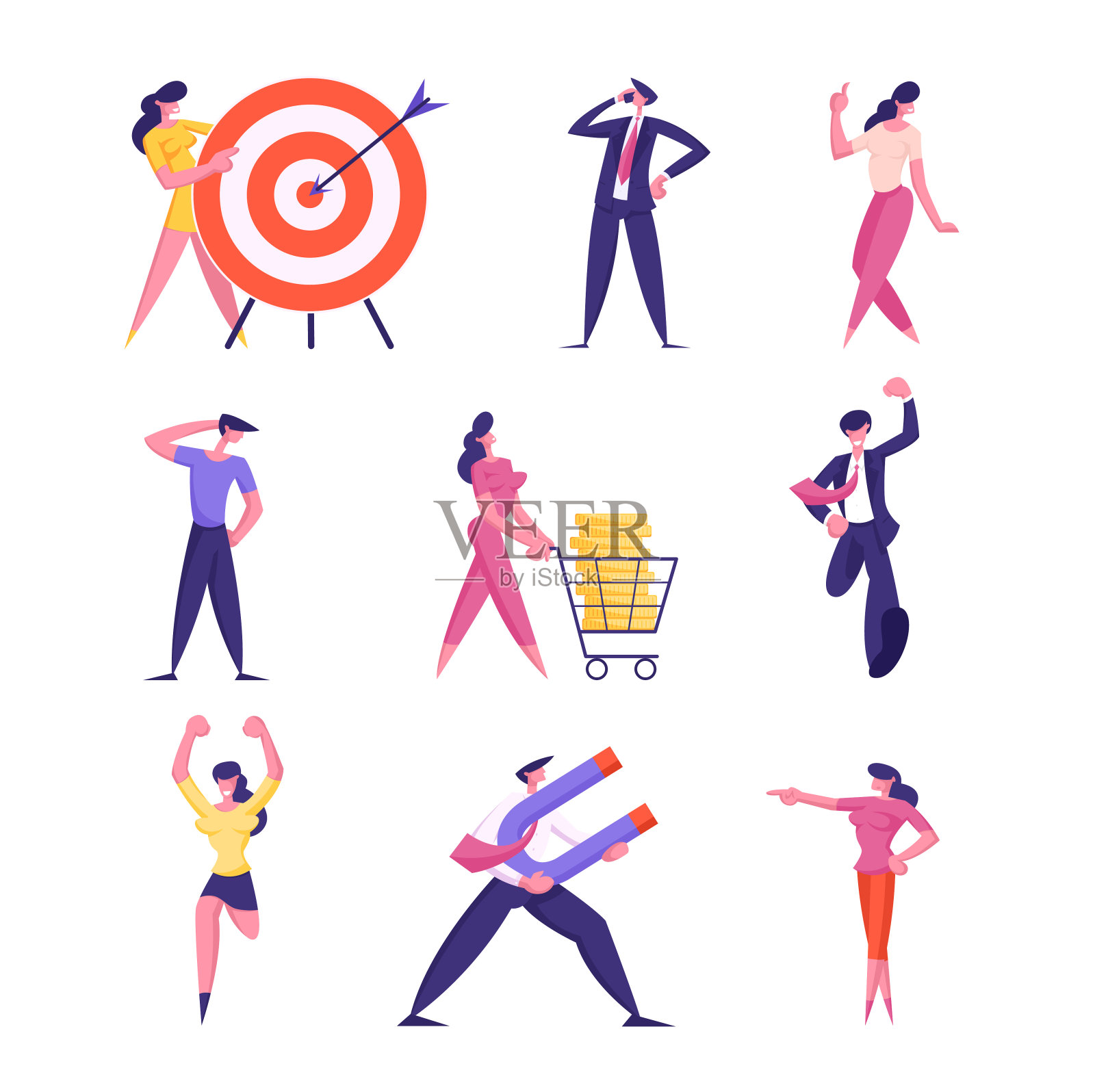 一套商人办公室生活方式孤立的白色背景。商人和女商人跑到完成，拿着巨大的目标与箭头，推手推车与金钱卡通平面矢量插图插画图片素材