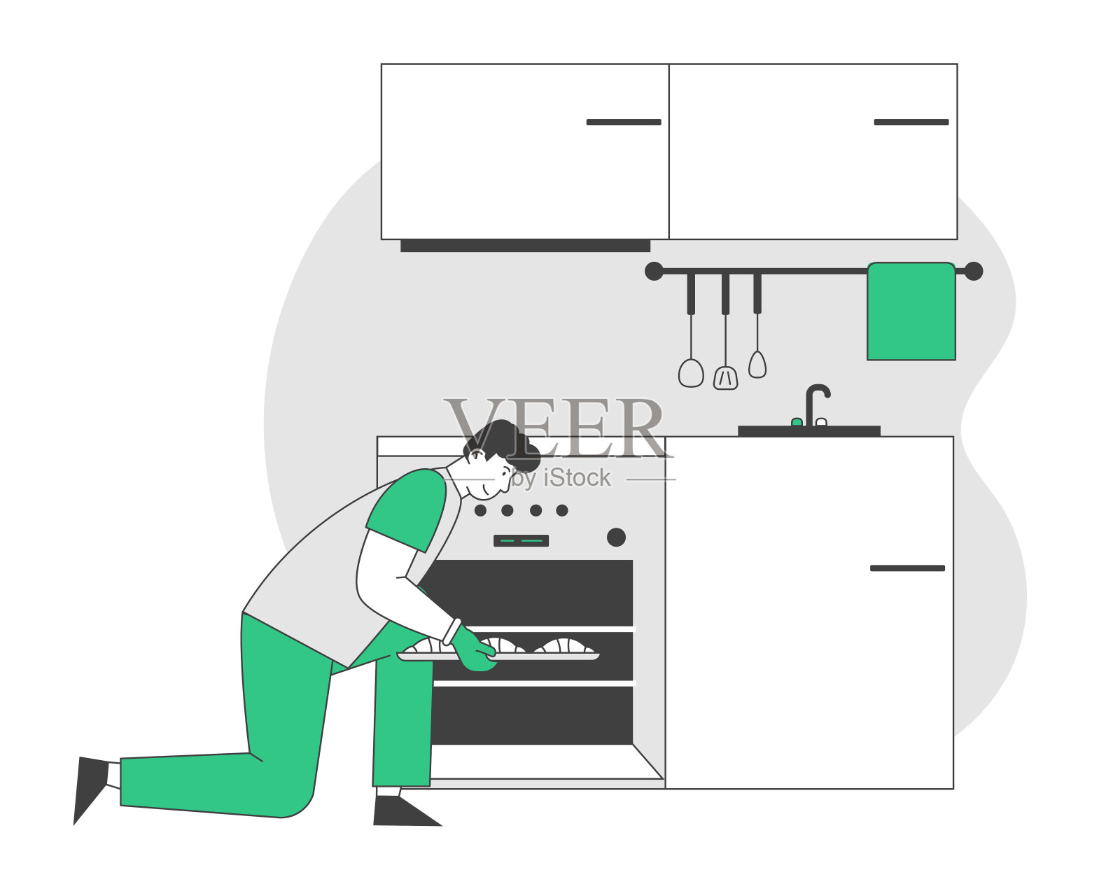 做家务的男人。男角色烹饪烘焙把生面包放进烤箱在厨房，烹饪经验，家务管理，责任和家务卡通平面矢量插图，线艺术设计元素图片