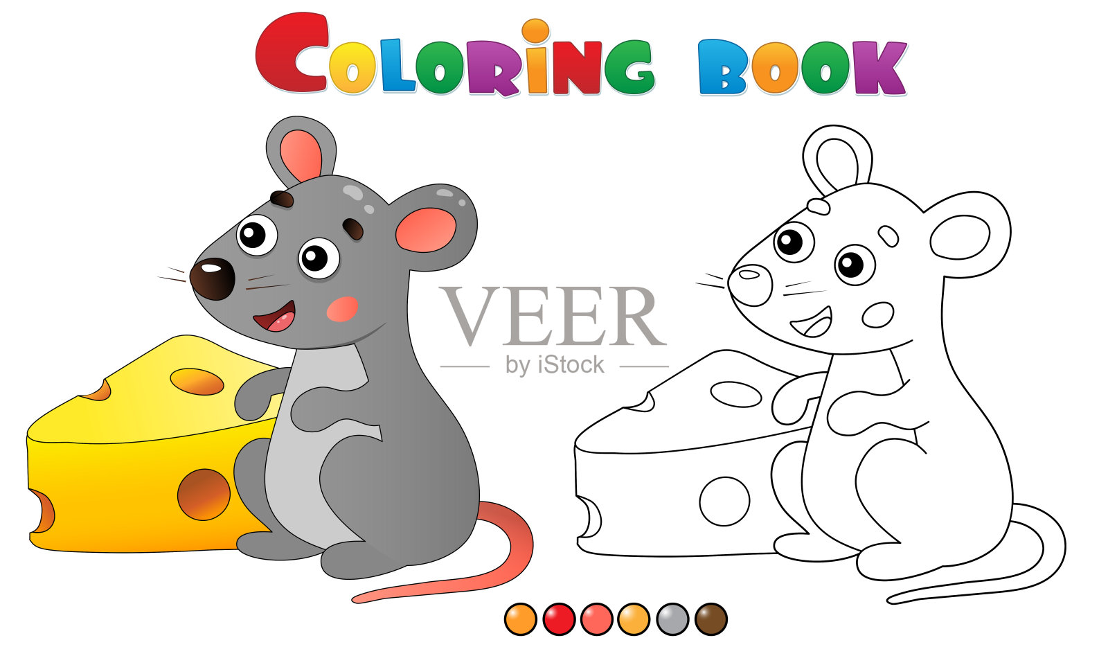 用奶酪着色的卡通老鼠的页面轮廓。动物。儿童涂色书。设计元素图片