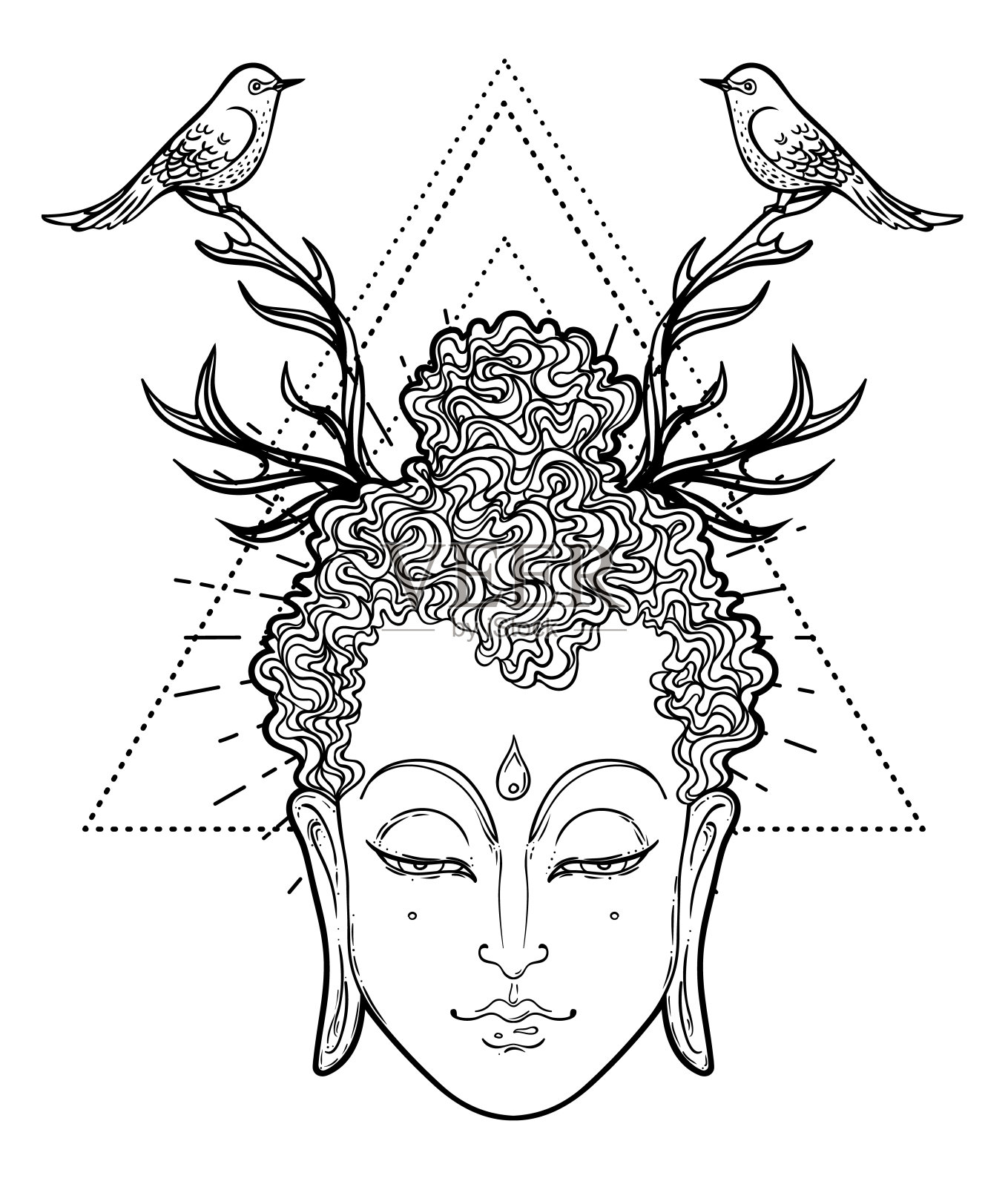 佛面孤上白。深奥的复古矢量插图。印度，佛教，精神艺术。插画图片素材
