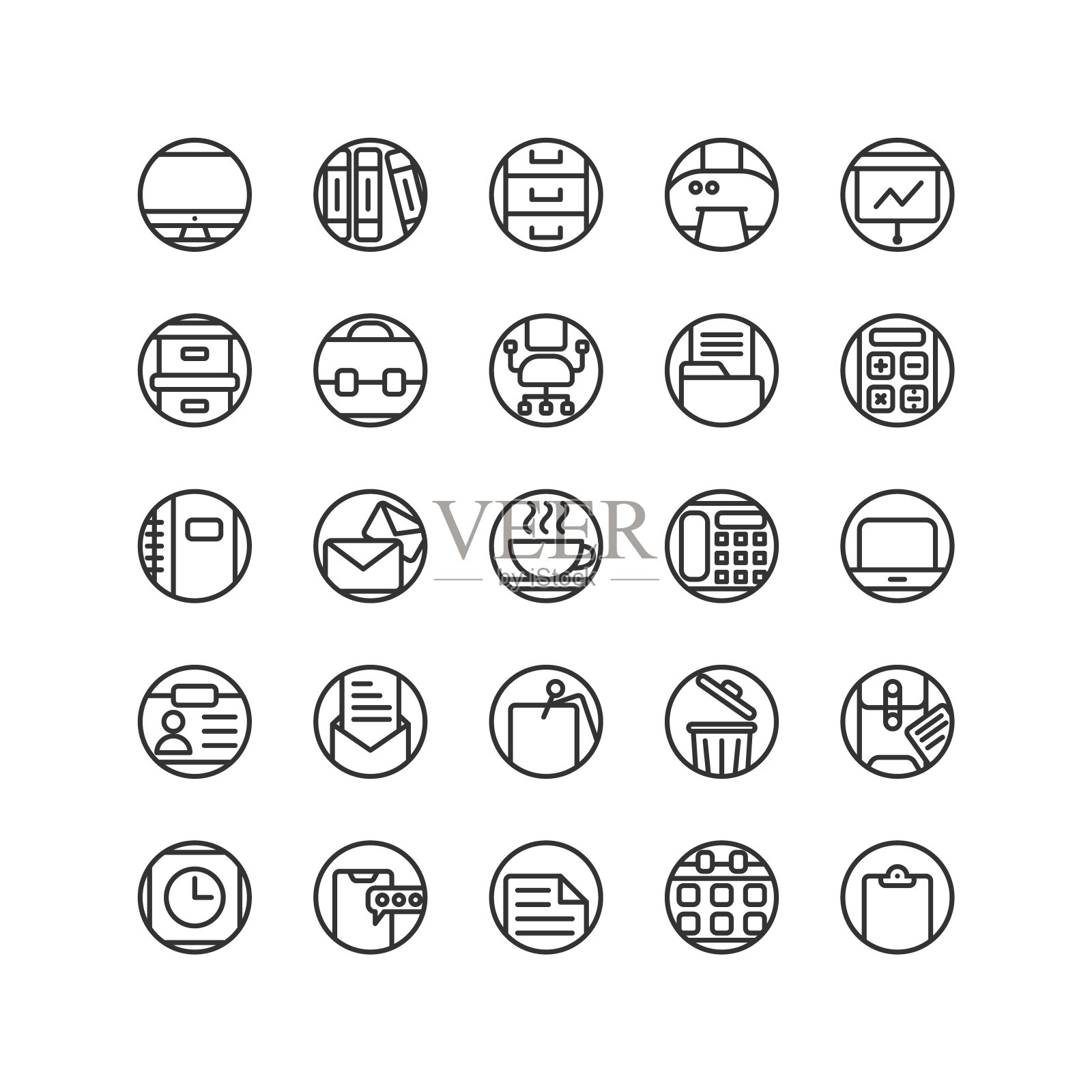 工作办公室大纲图标集。向量和插图。图标素材