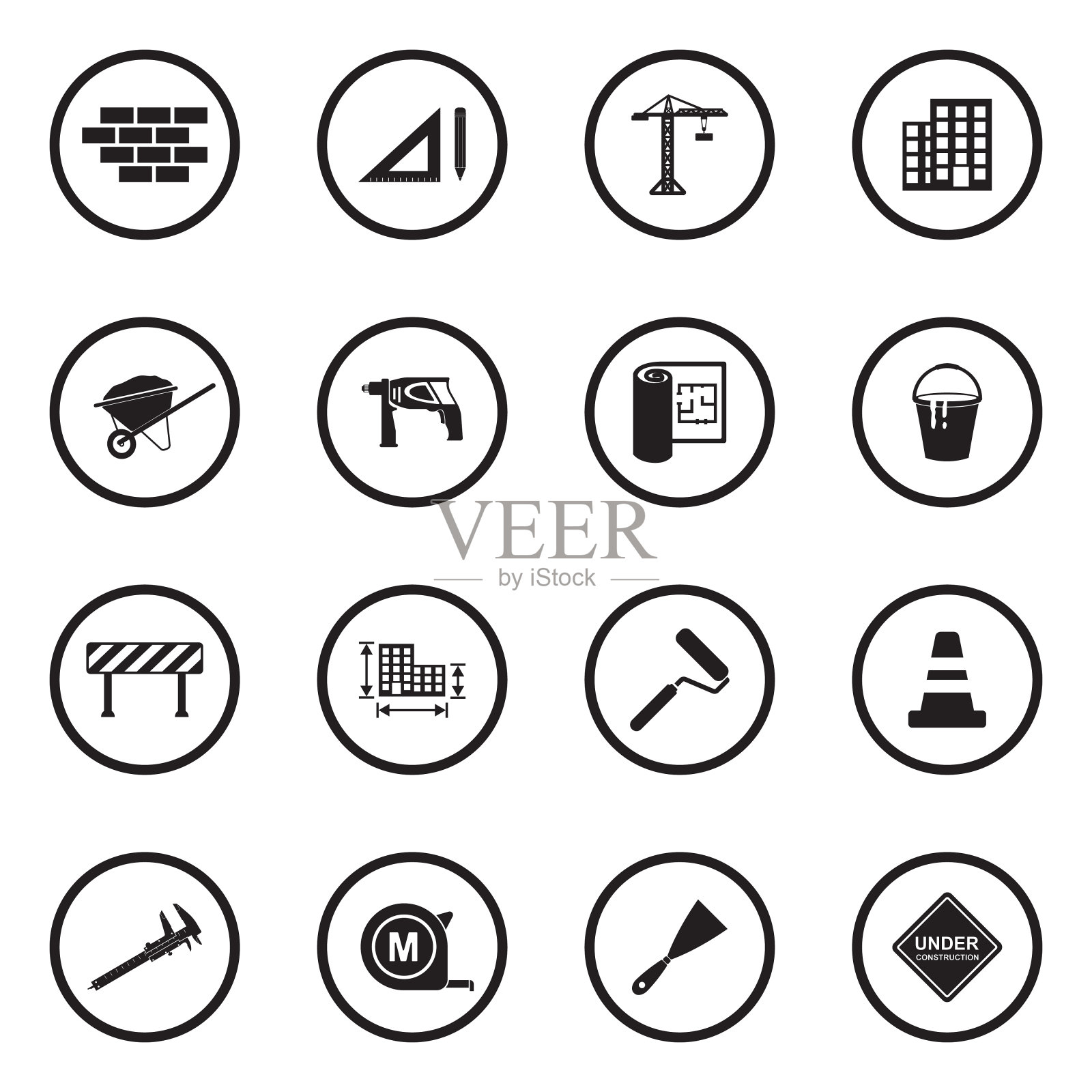 建筑图标。圆形的黑色平面设计。矢量插图。图标素材