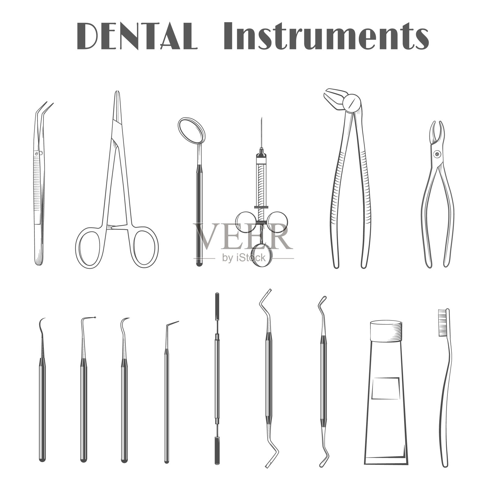 牙科器械在一个白色孤立的背景。复古风格插画图片素材