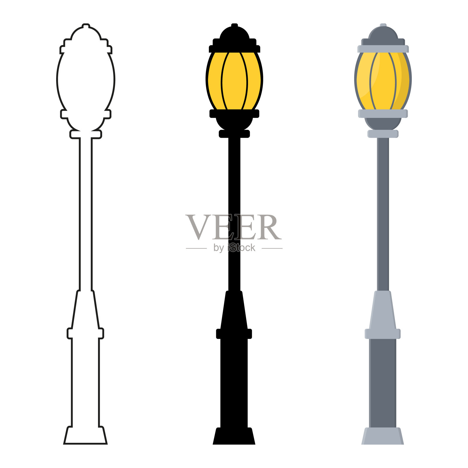 轮廓，黑色剪影，卡通街灯设置孤立的白色背景。老式路灯。景观营造要素。矢量插图为任何设计。设计元素图片