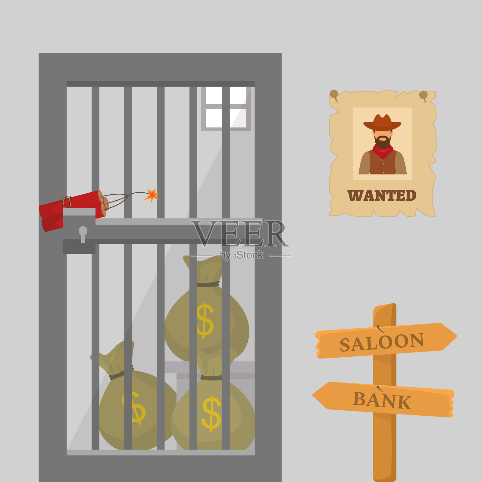 钱袋美元在监狱，警察牢房或银行金库的狂野西部矢量插图。插画图片素材