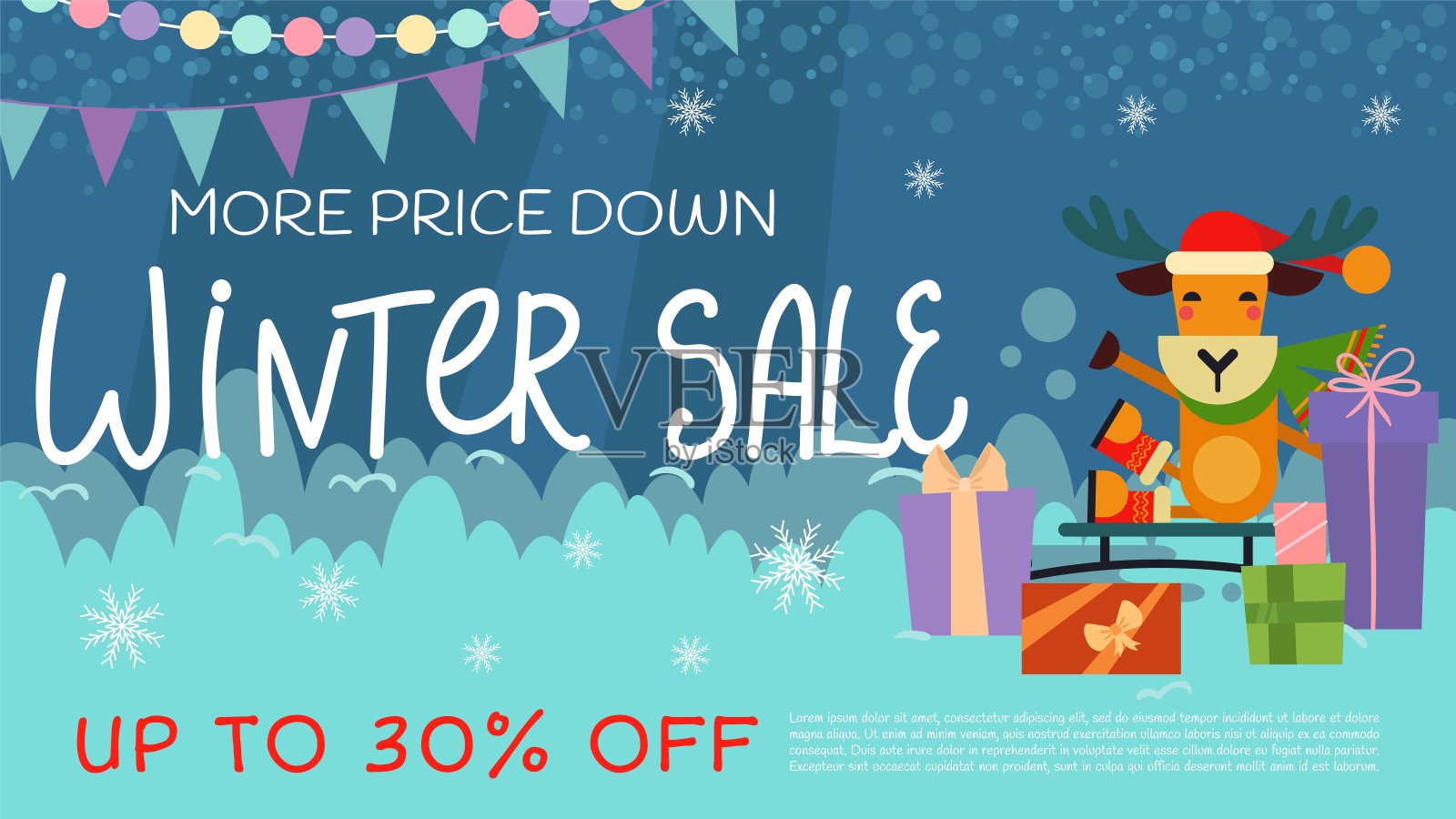 冬季销售矢量插图。卡通鹿在雪橇，新年，圣诞，圣诞节，促销邀请，促销，低价，折扣，购物传单，字母，文字，横幅。设计元素图片