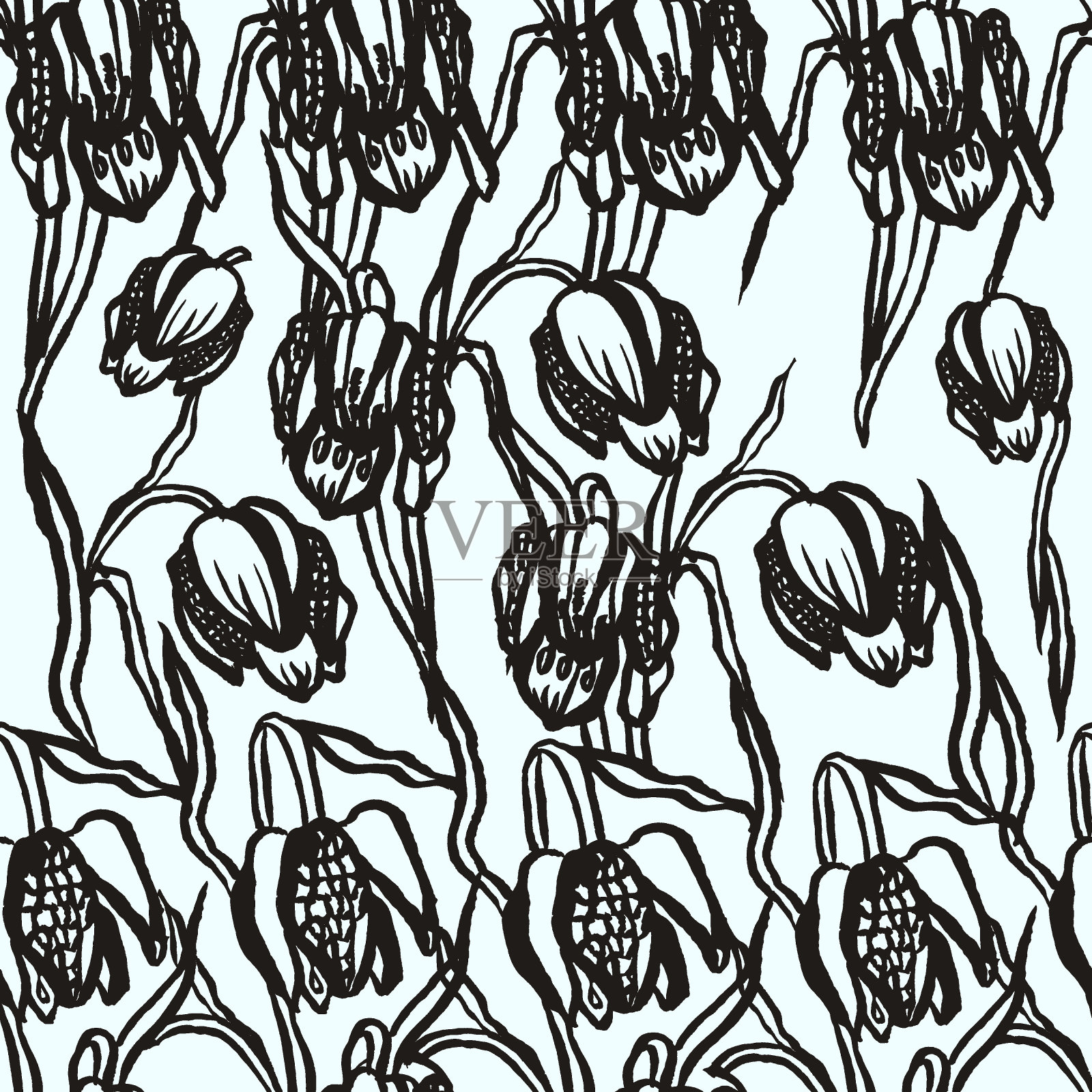 贝母花绘画插图。黑色和白色与线条艺术的白色背景。花卉图案。插画图片素材