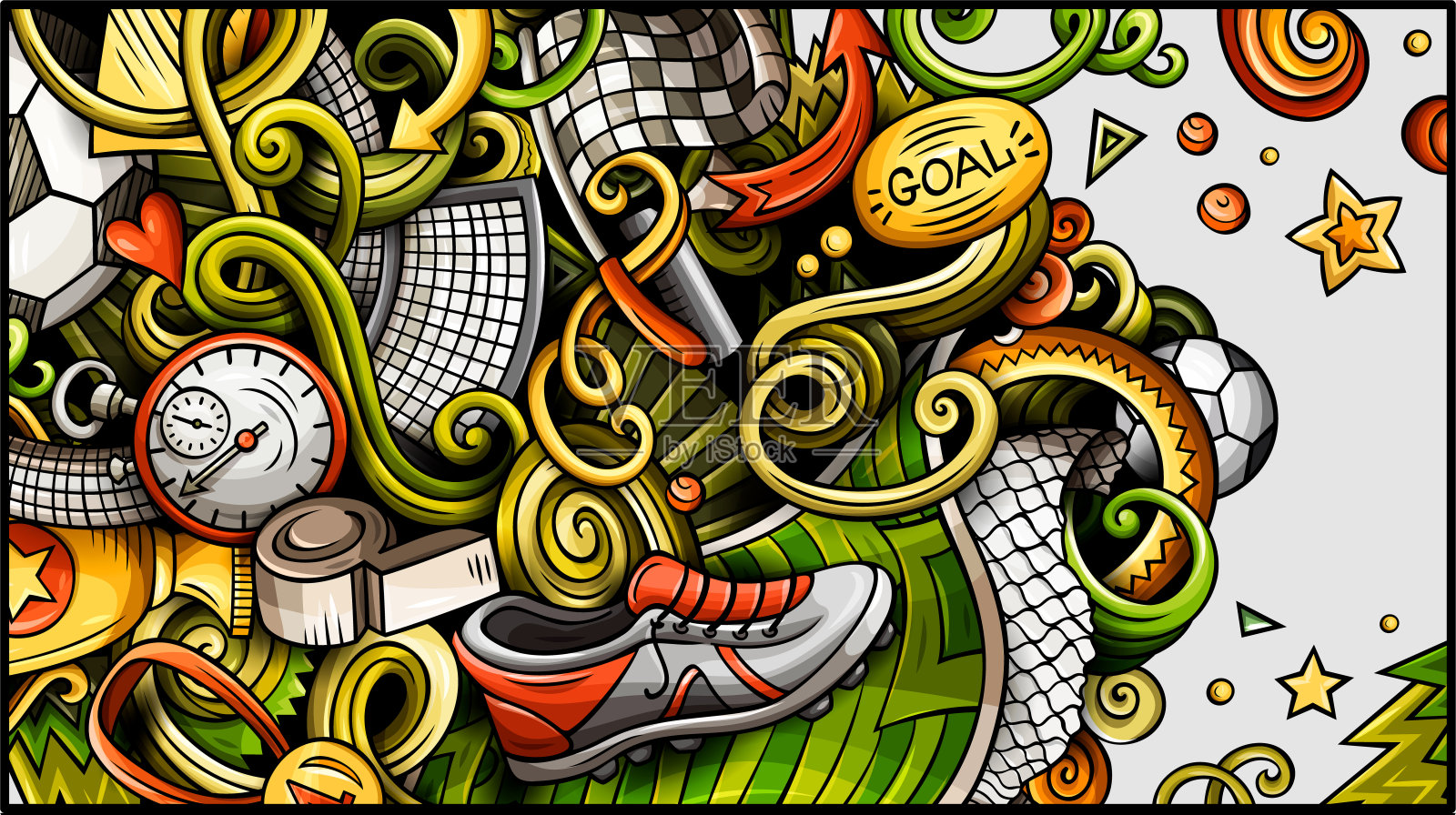 足球手绘涂鸦横幅。卡通详细的插图。插画图片素材