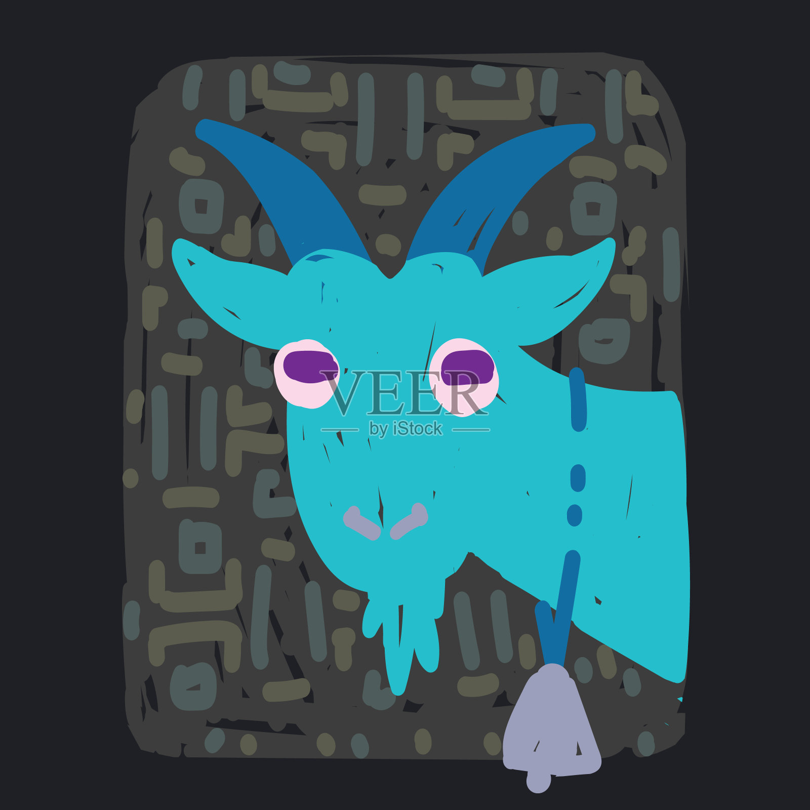 摩羯座。有趣的星座。彩色矢量插图的蓝绿色山羊与铃在手绘素描风格孤立在黑暗的背景。黄道带的性格。元素为您的设计，预测，星座插画图片素材