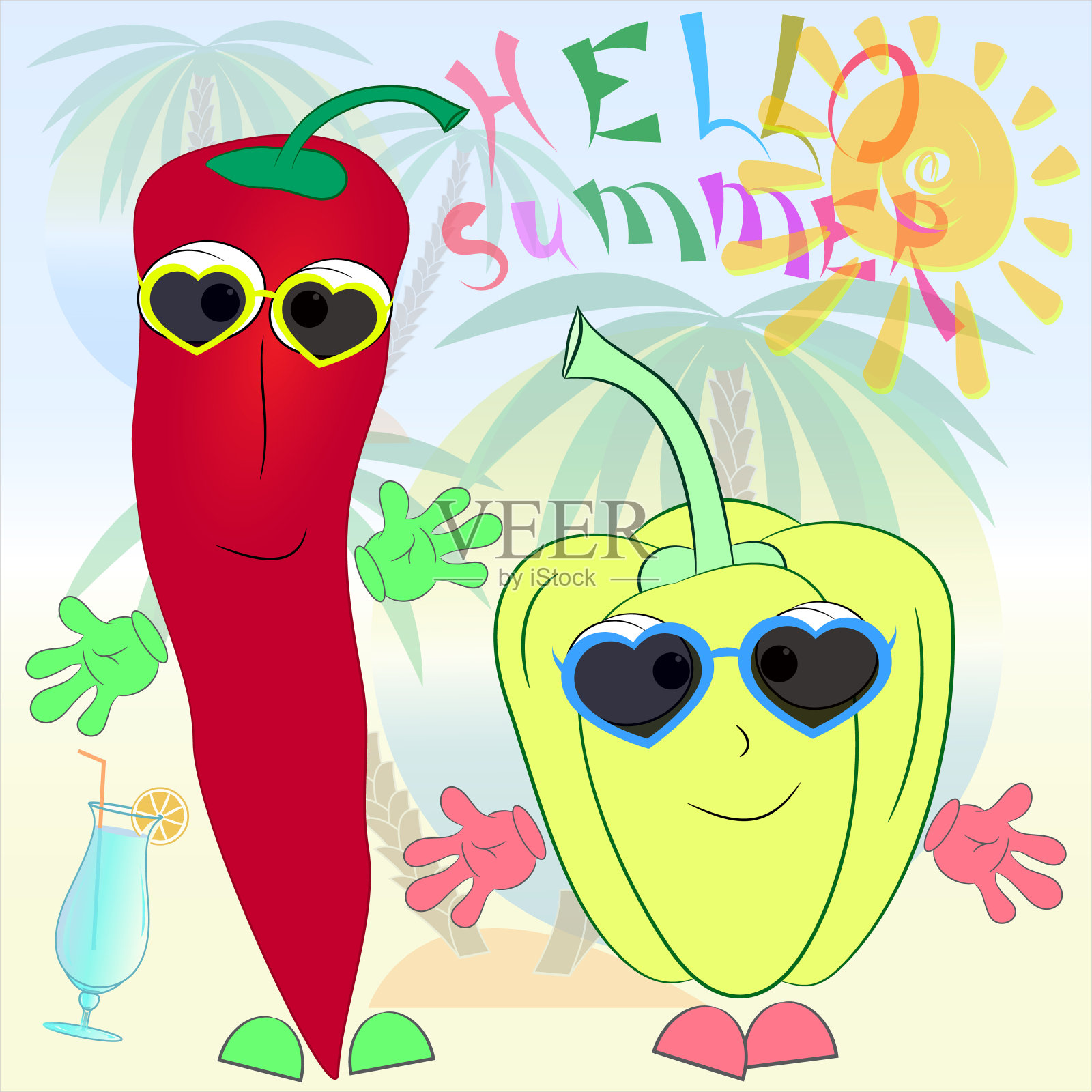 欢乐椒卡通夏季海报。你好，夏季矢量海报。夏季时间矢量图。设计元素图片