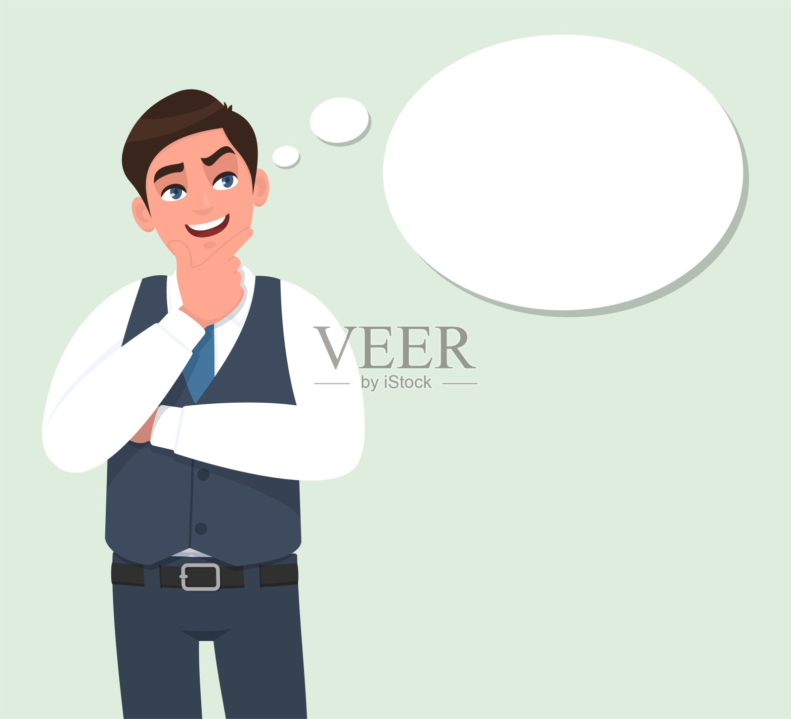 快乐的年轻商人思考着，仰望着思想泡沫。交叉手臂站立的人。男性角色设计插画。人的情绪，表情矢量卡通风格。插画图片素材