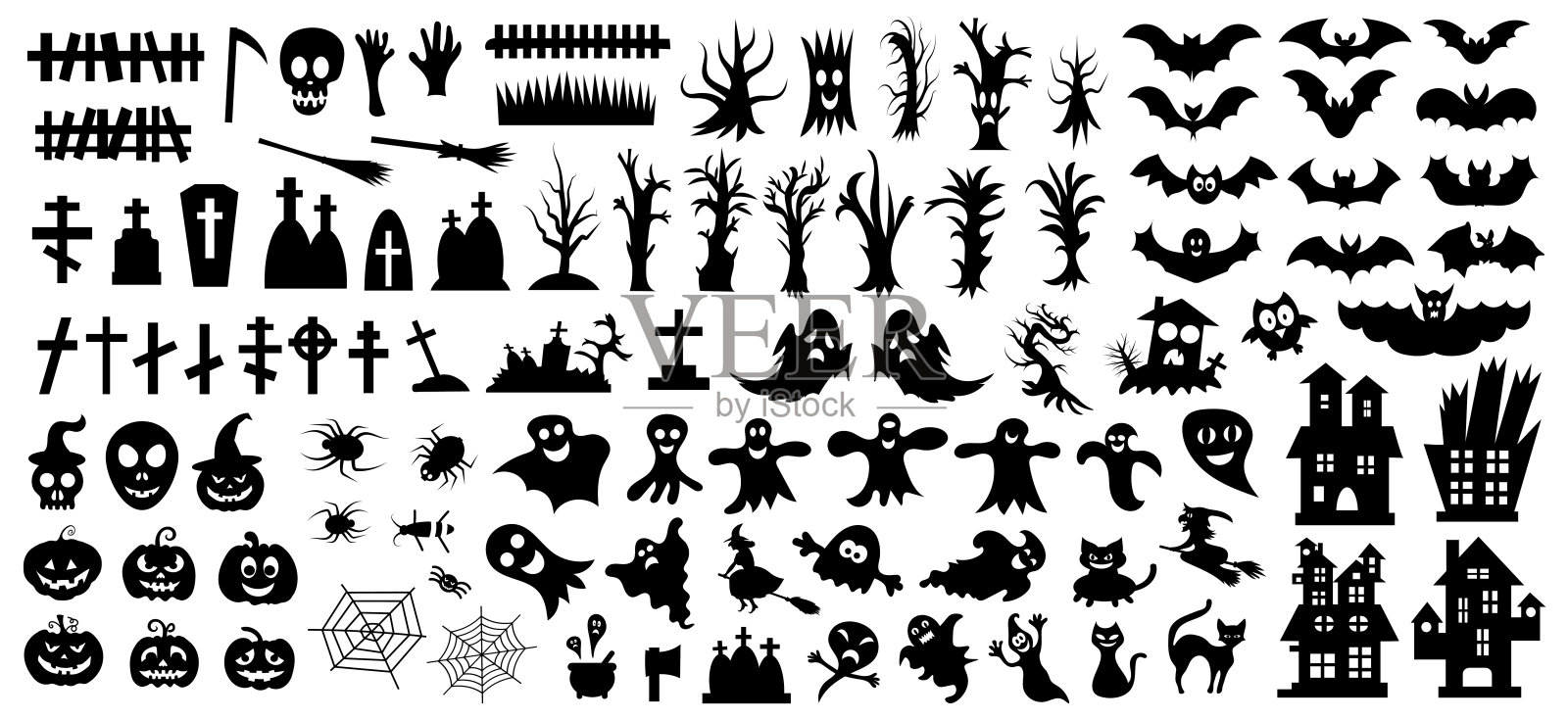 万圣节的一组剪影在白色的背景。矢量图插画图片素材