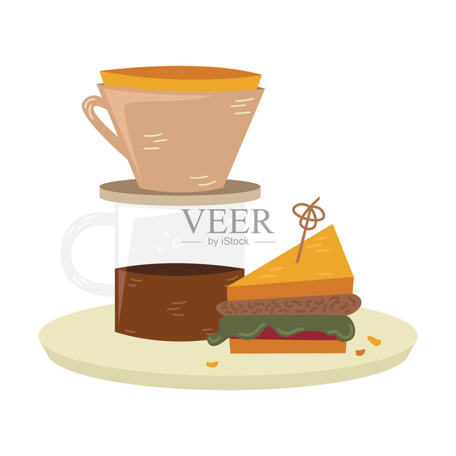 平面矢量卡利塔，桌上有三明治。煮咖啡的替代方法。咖啡文化。插画图片素材