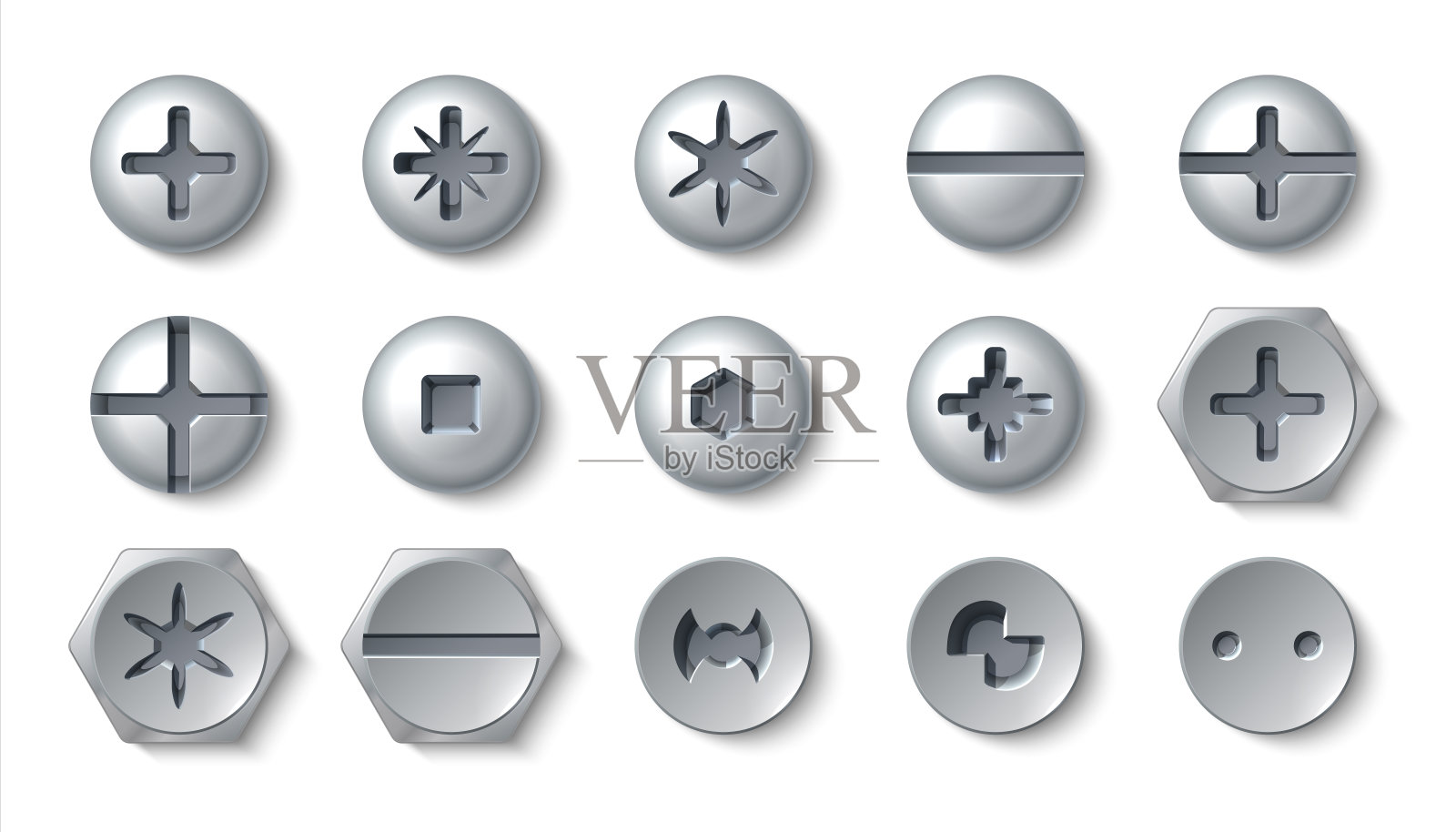 现实的螺丝。带垫圈和螺母的金属螺栓头和钢铆钉。圆形和六角螺钉和紧固件的矢量俯视图图标素材