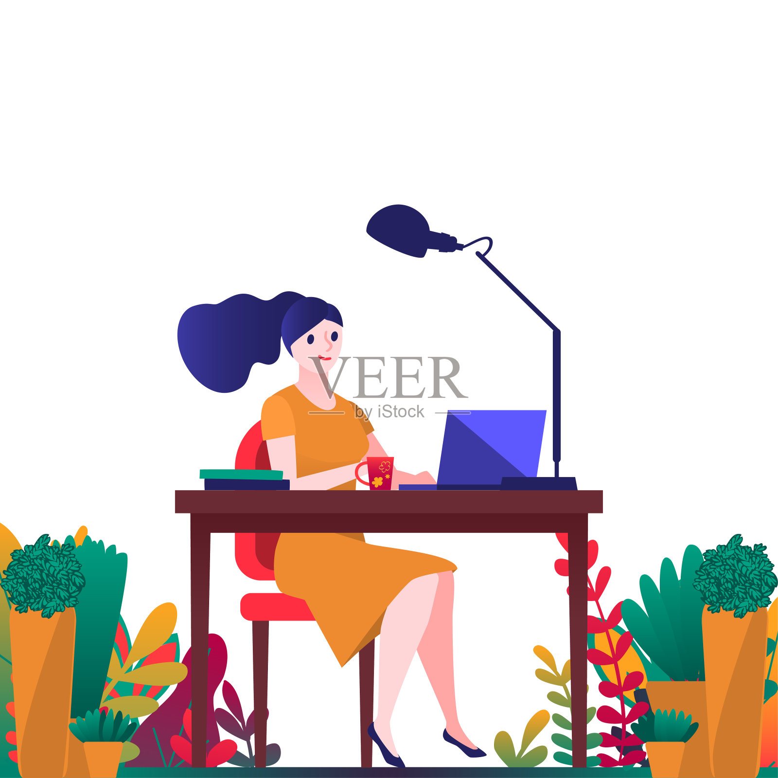 年轻的商务女士坐在桌旁的椅子上，上面有书籍和盆栽植物，花朵，孤立在白色的背景上。绿色植物在工作空间的概念设计矢量插图插画图片素材