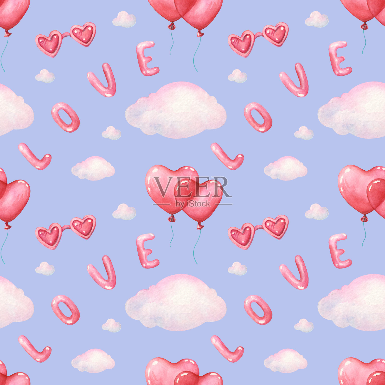 与爱、云朵、气球无缝搭配插画图片素材