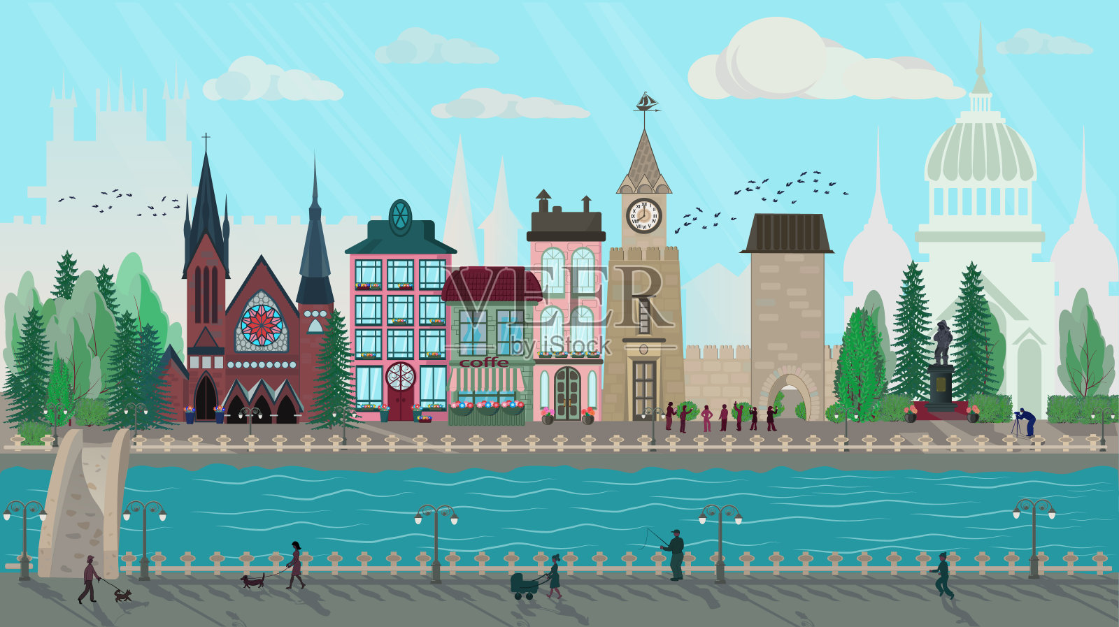城市街道的水平全景，有古老的建筑、大教堂、堡垒、纪念碑和沿着堤岸行走的人们。城市环境中的普通生活。矢量插图。插画图片素材