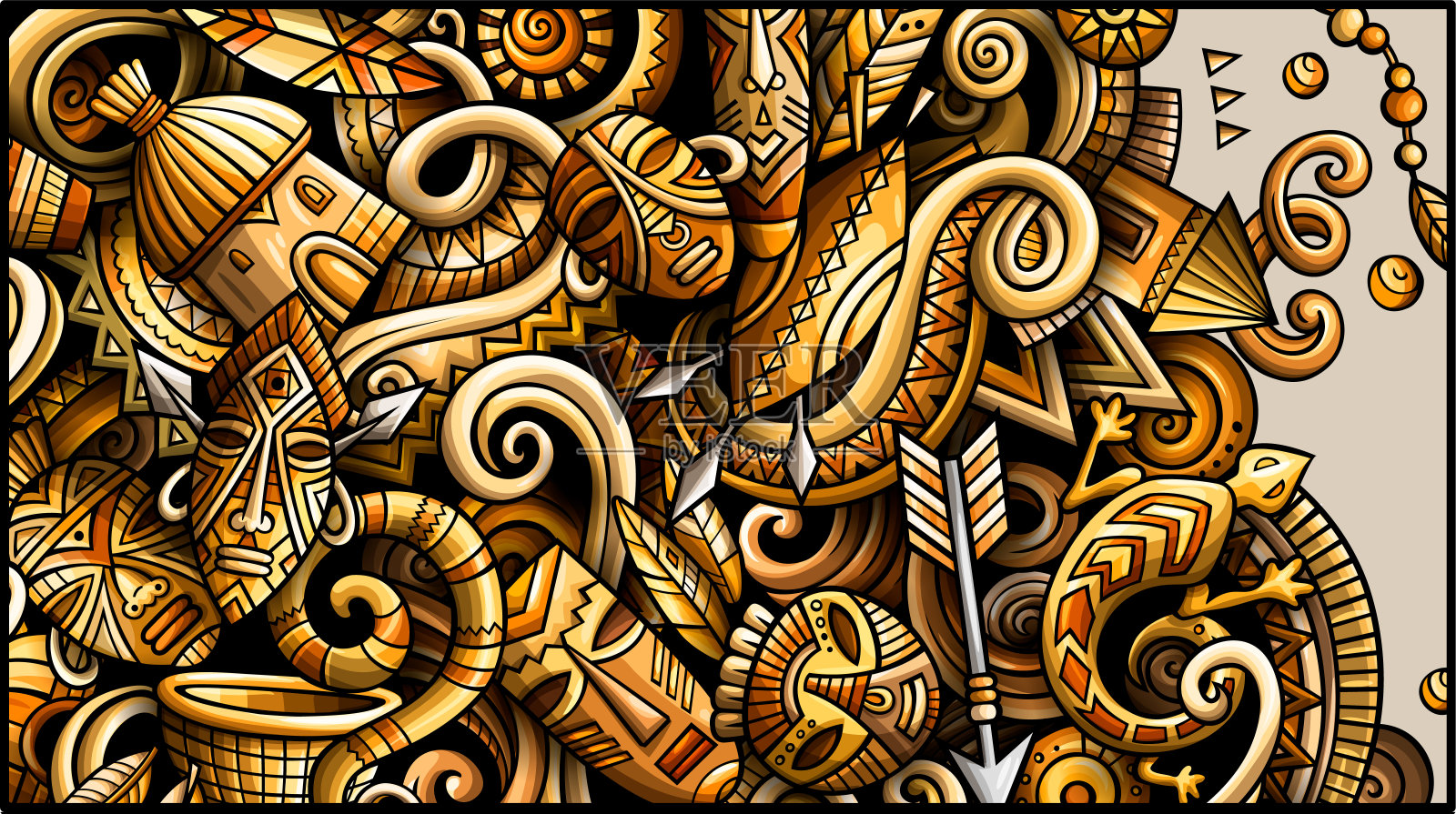 非洲手绘涂鸦横幅。卡通详细的传单。插画图片素材