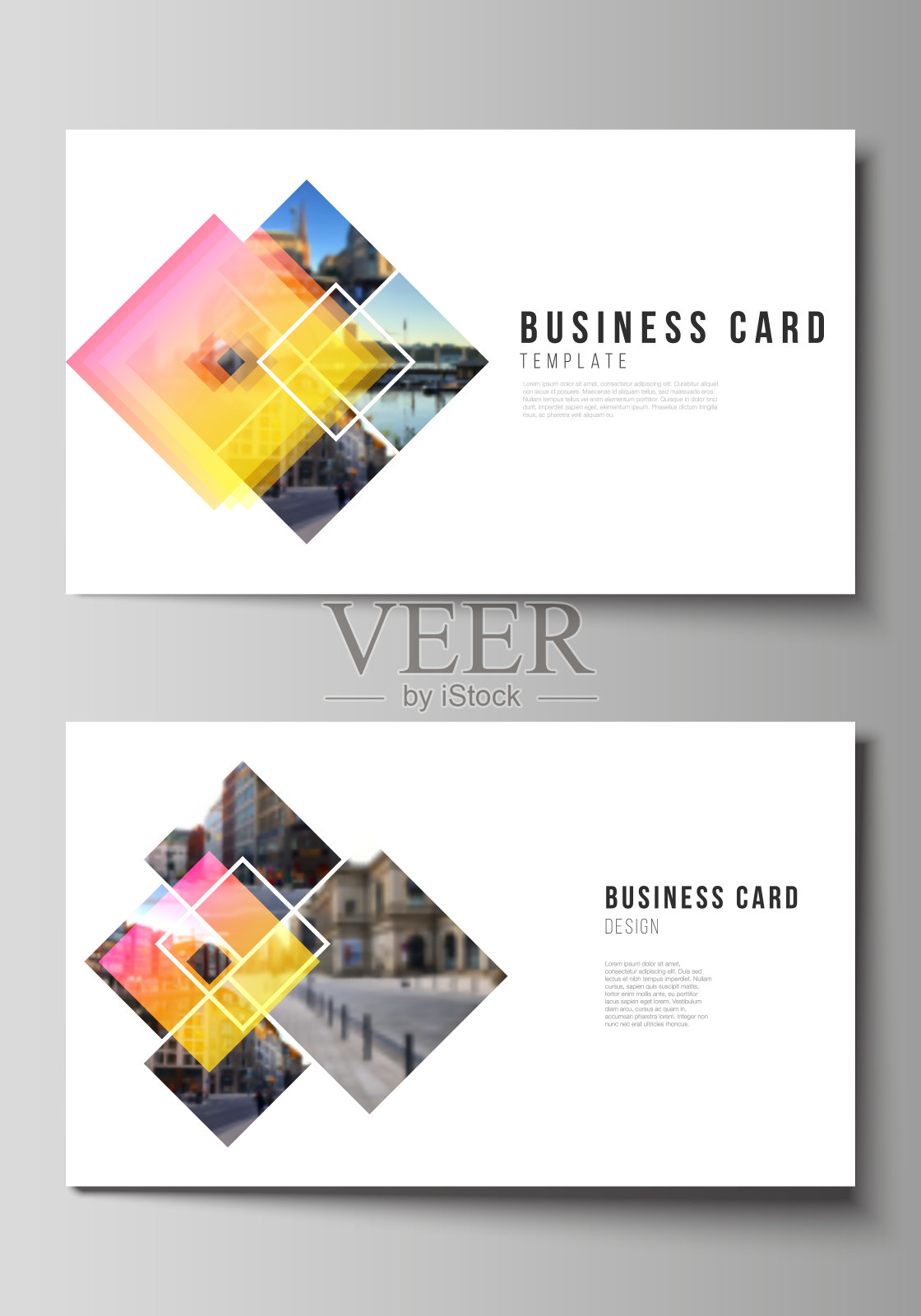 极简抽象矢量插图的可编辑布局的两个创意名片设计模板。创意时尚的样式模型，蓝色时尚的设计背景。设计模板素材