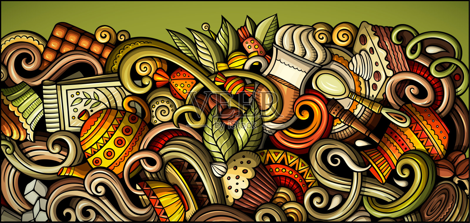 咖啡馆手绘涂鸦横幅。卡通详细的传单。插画图片素材