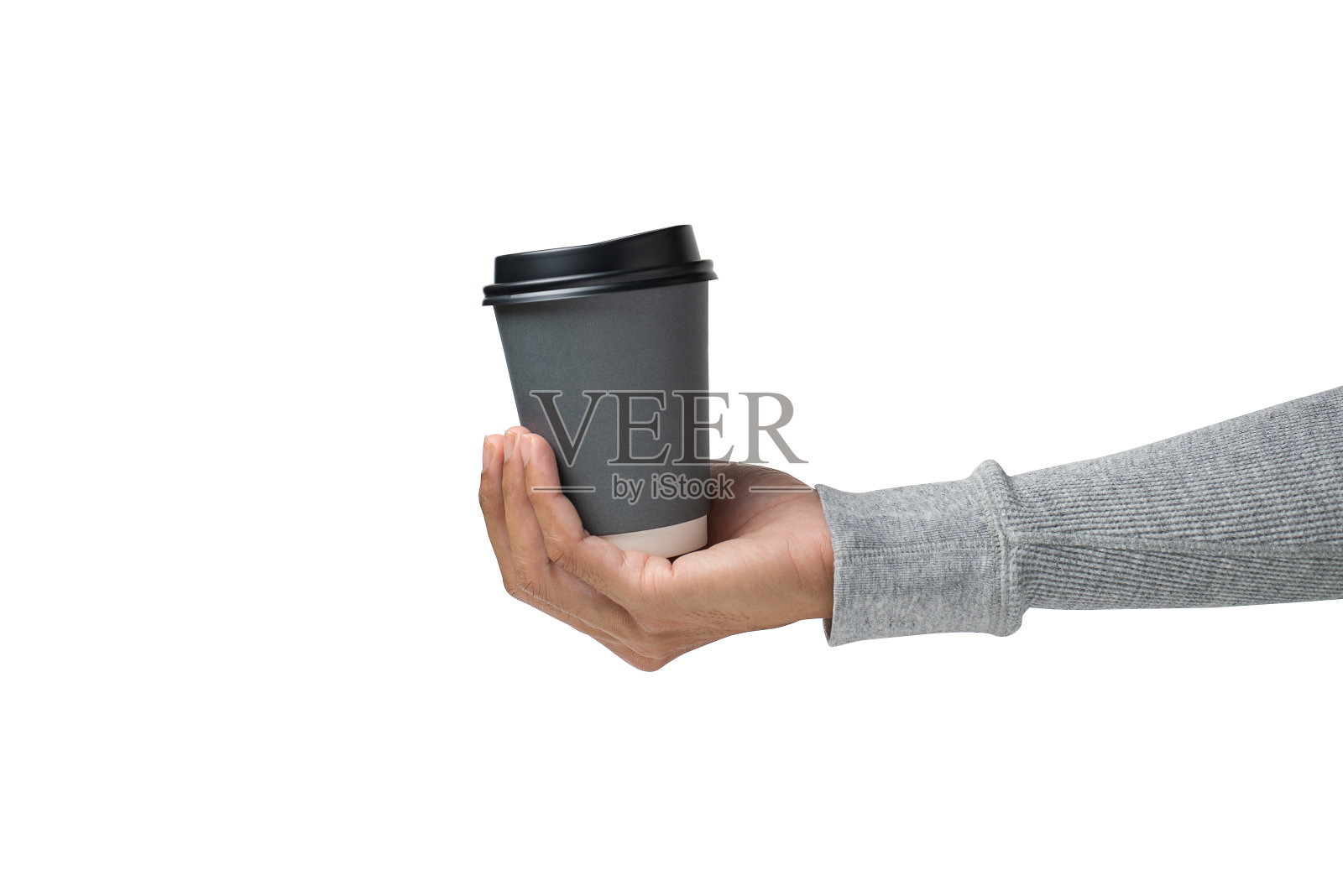 手捧热咖啡杯，白色背景照片摄影图片