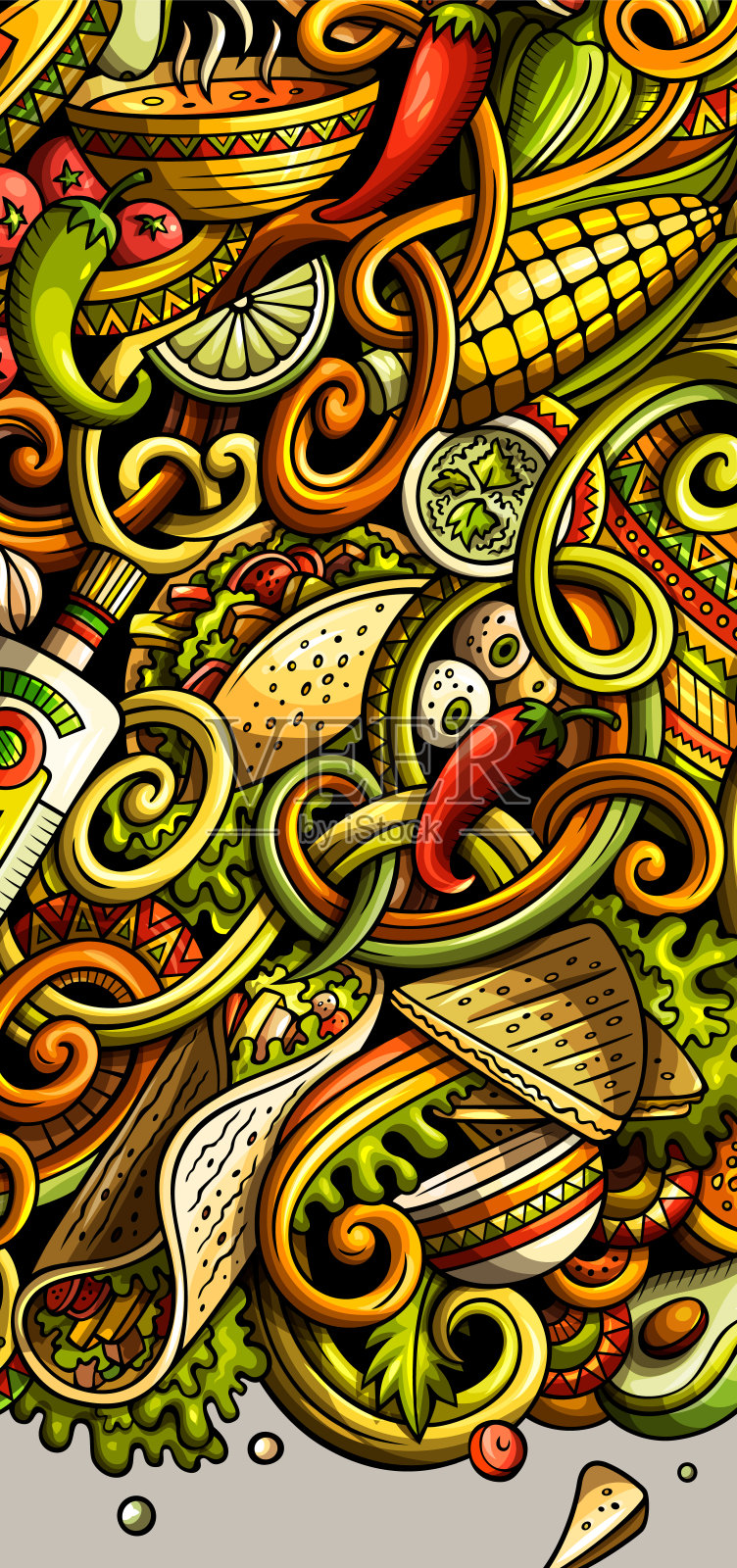 墨西哥美食手绘涂鸦横幅。卡通详细的传单。插画图片素材