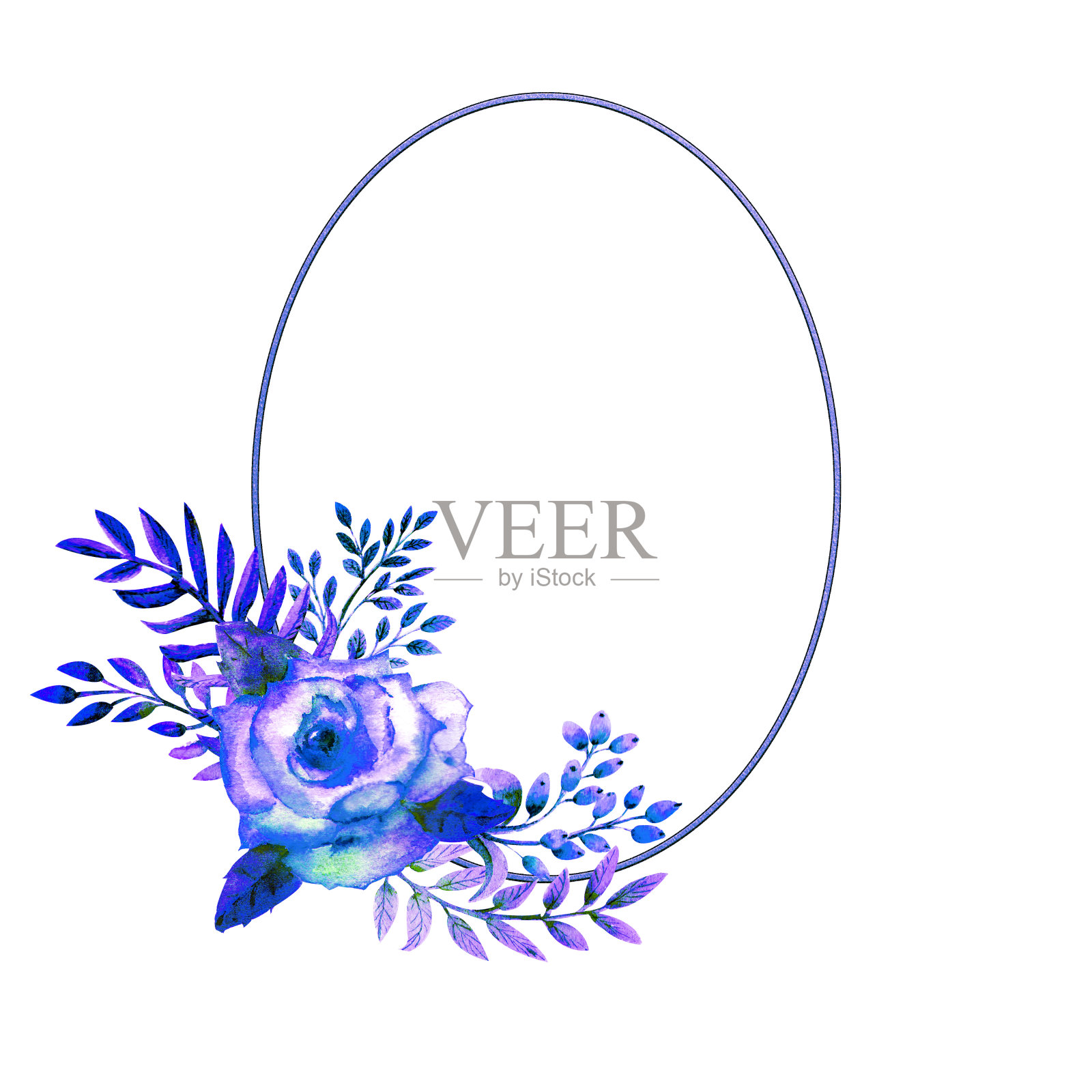 几何框架的框架与蓝色玫瑰花在一个白色孤立的背景。花的海报,邀请。用于贺卡或请柬装饰的水彩作品。插画图片素材