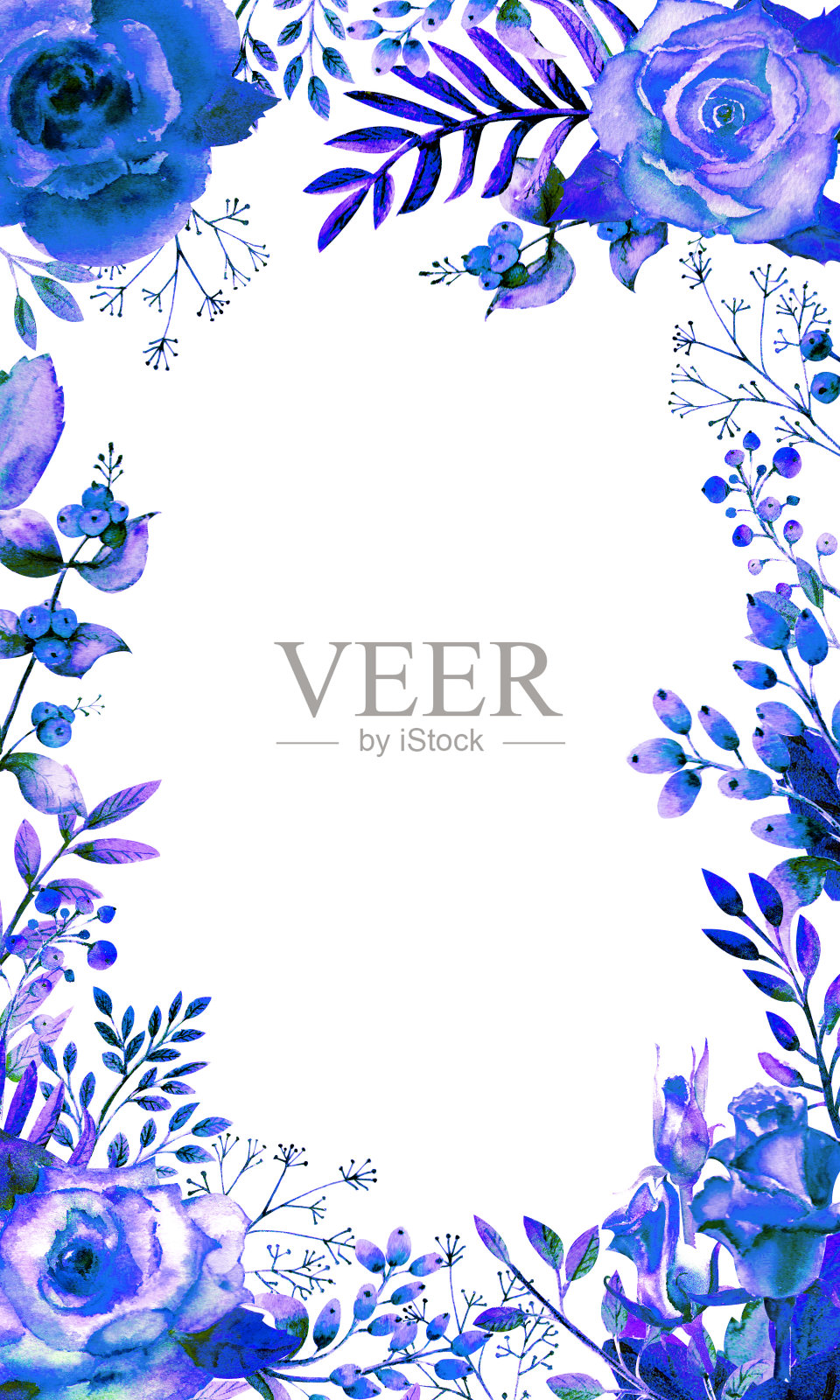 镶着蓝色玫瑰花的框架。花的海报,邀请。用于贺卡或请柬装饰的水彩作品。垂直方向插画图片素材