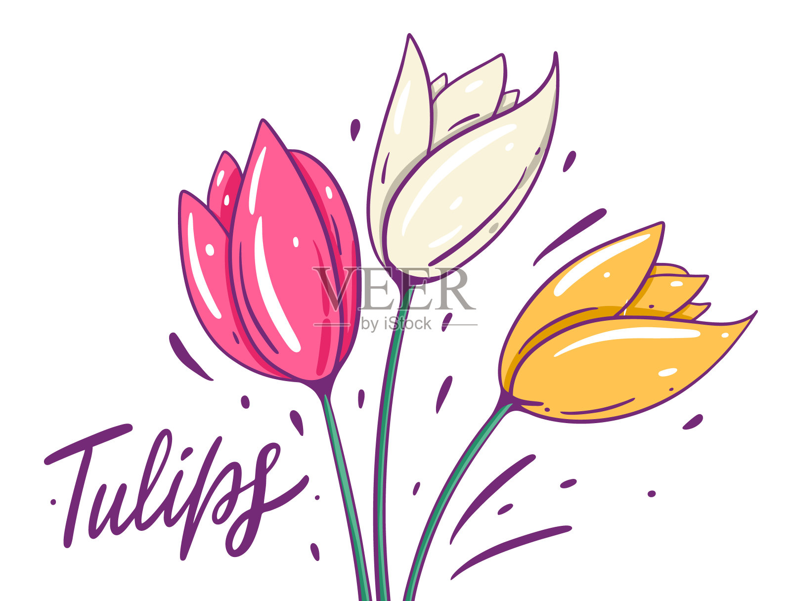 三个郁金香。手绘矢量插图。卡通风格。设计元素图片