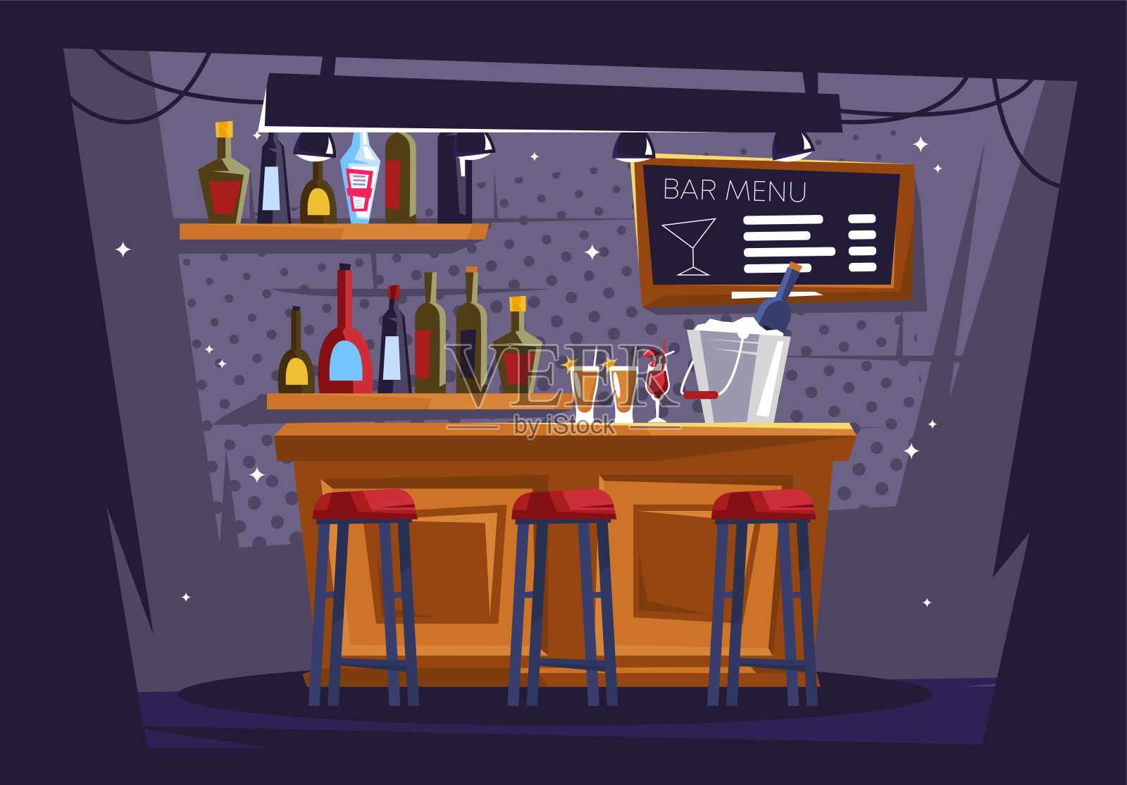 带有吧台和椅子、酒精瓶的酒吧内部的矢量插图插画图片素材
