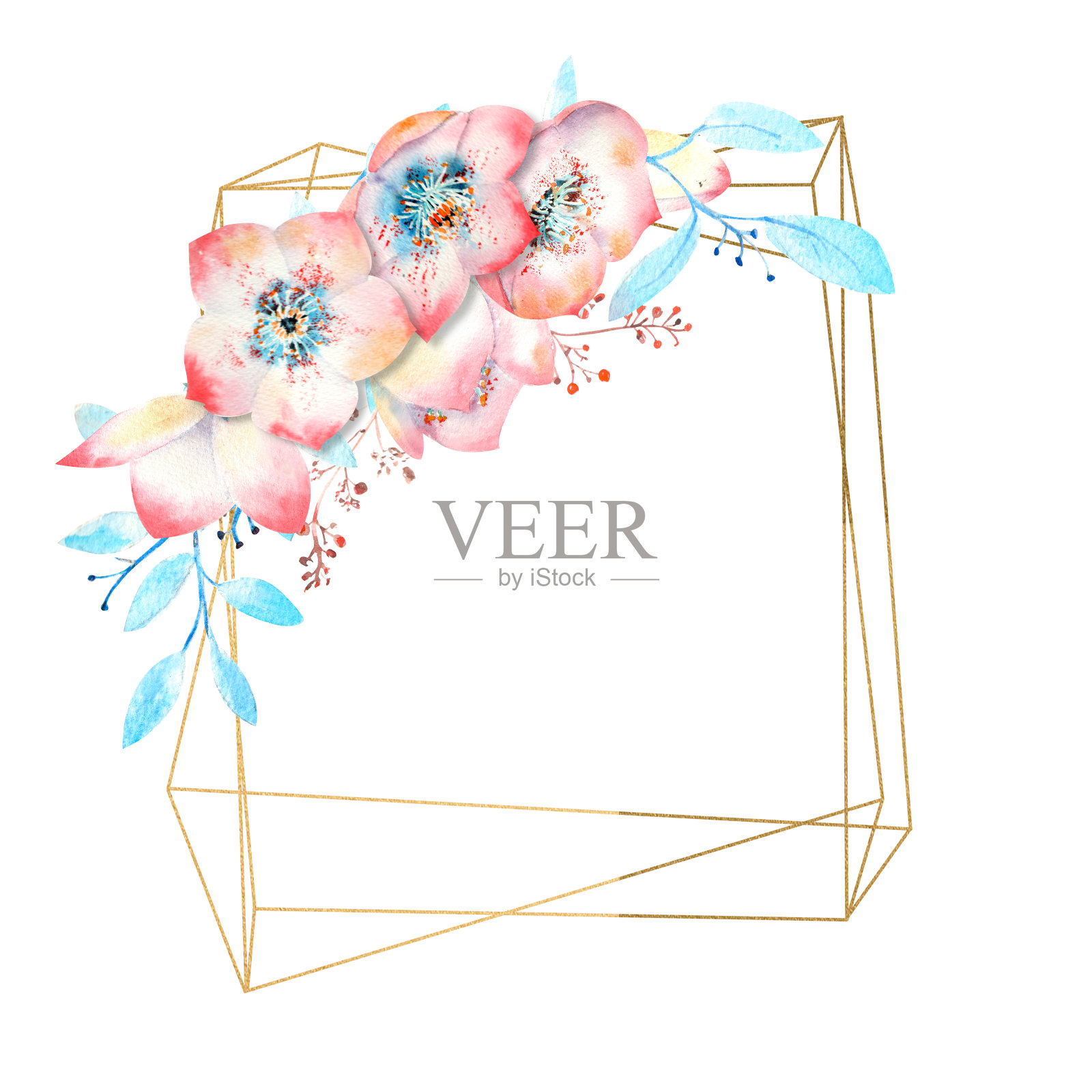 粉红色的嚏根草花在一个金色的框架上，在一个白色的孤立的背景。用于贺卡或请柬装饰的水彩作品插画图片素材