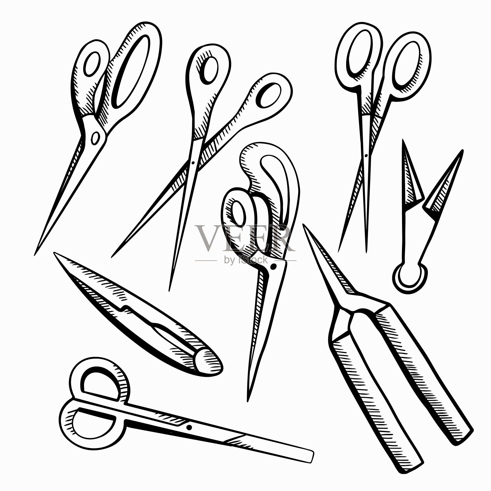 一套草图的各种类型的剪刀与孵化。修枝剪钳。缝纫，园艺和美发剪刀。等高线矢量对象设计元素图片