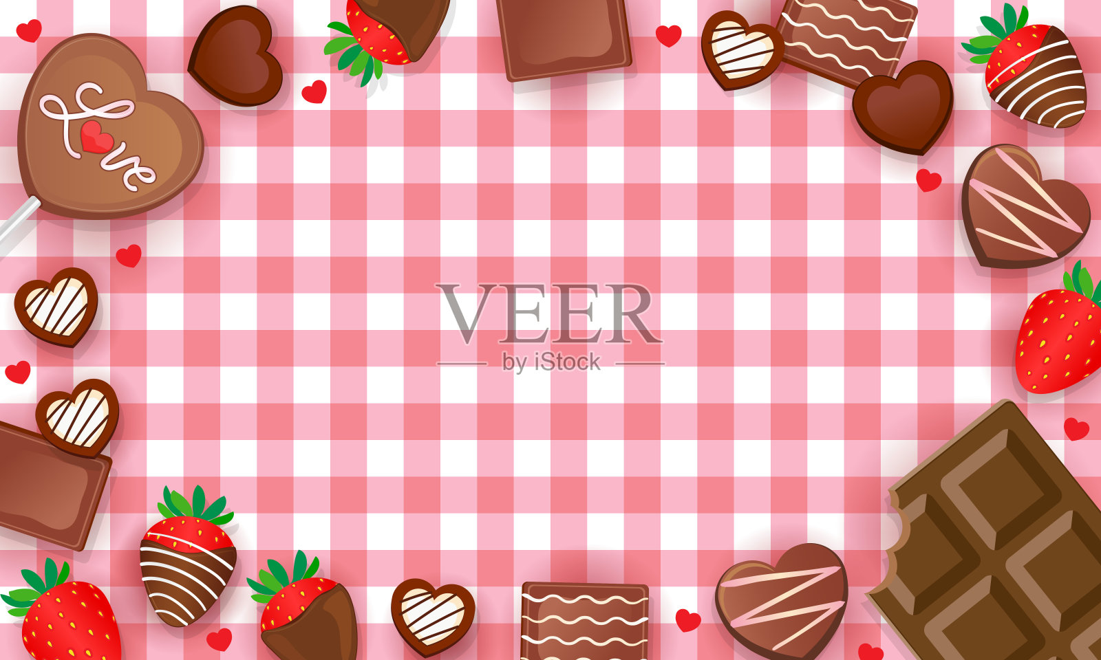 情人节巧克力框架背景矢量插图。方格图案背景上的甜巧克力覆盖草莓插画图片素材