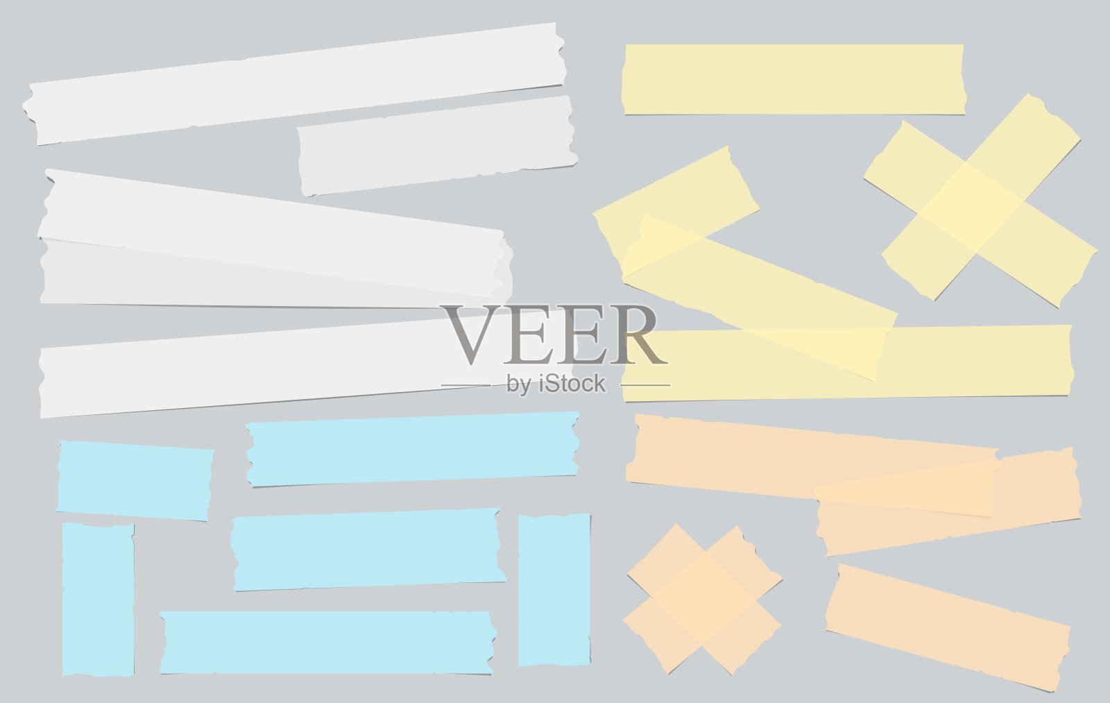 白色和彩色胶粘剂，粘性，遮蔽，管道胶带的文字在灰色背景插画图片素材