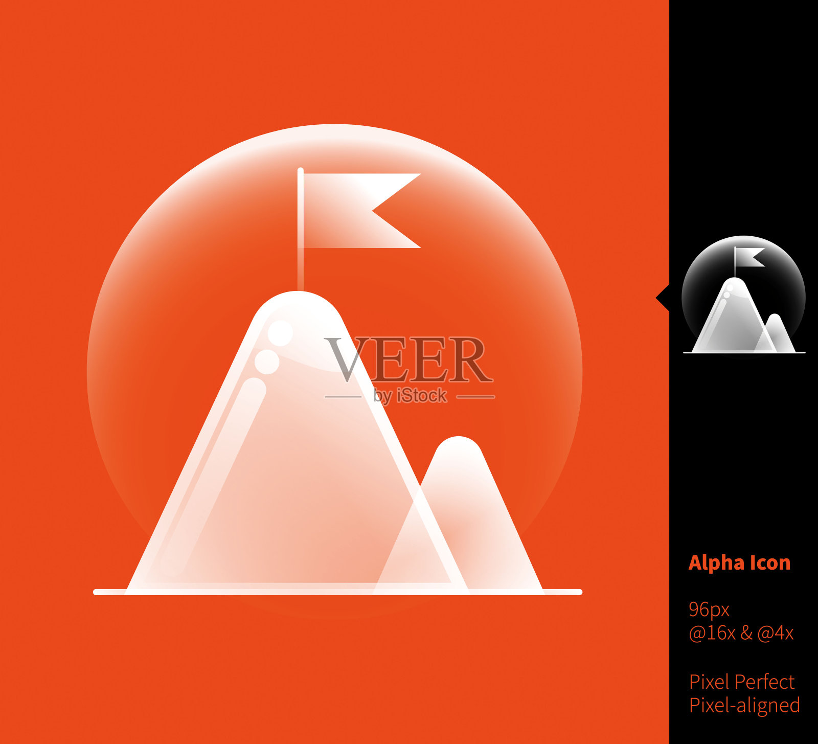 旗帜在山顶阿尔法图标-矢量插图品牌，网页设计，介绍，标志，横幅。透明渐变图标在随机背景上，像素对齐在96x96像素上。图标素材