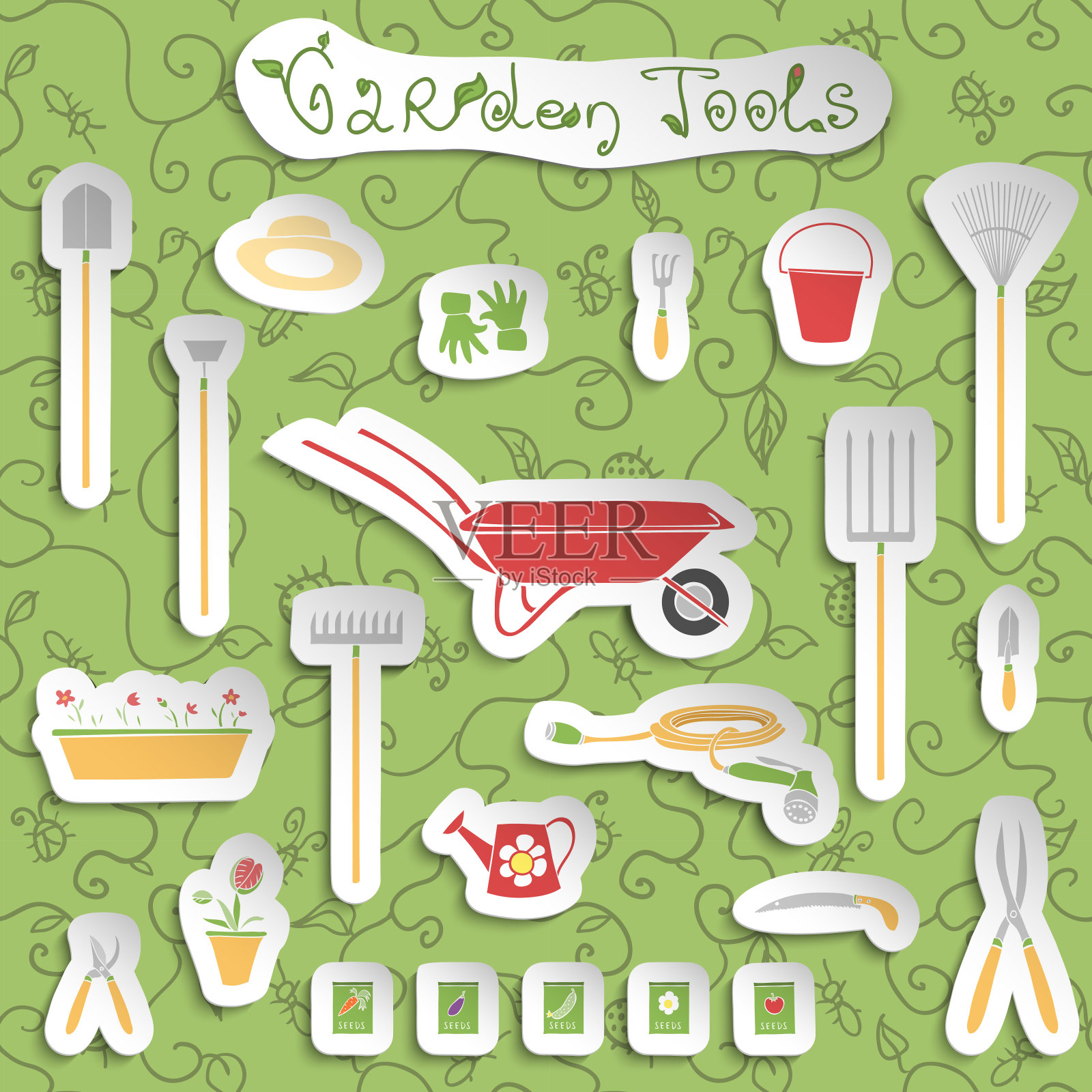 园艺工具贴纸插画图片素材