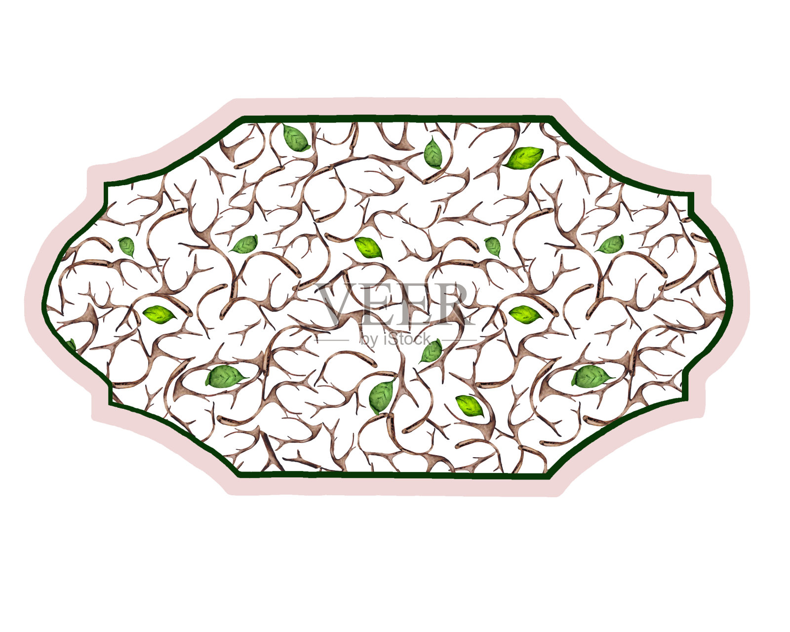 水彩画的枝桠上挂着绿色的树叶，美极了。以森林和自然之美为主题的邀请、卡片、横幅和设计插图。插画图片素材