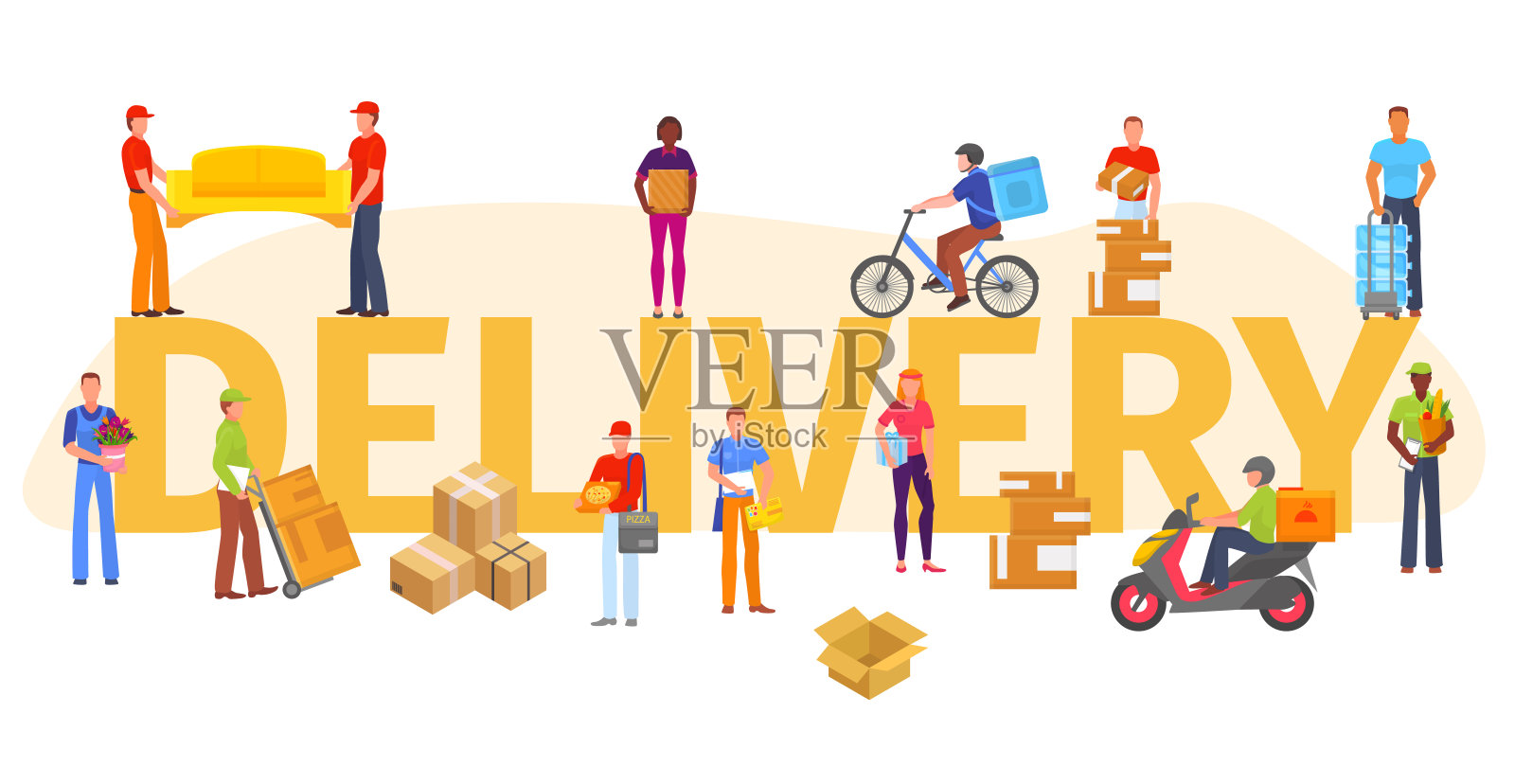 交付概念矢量插图孤立，交付服务人员和各种货物。插画图片素材