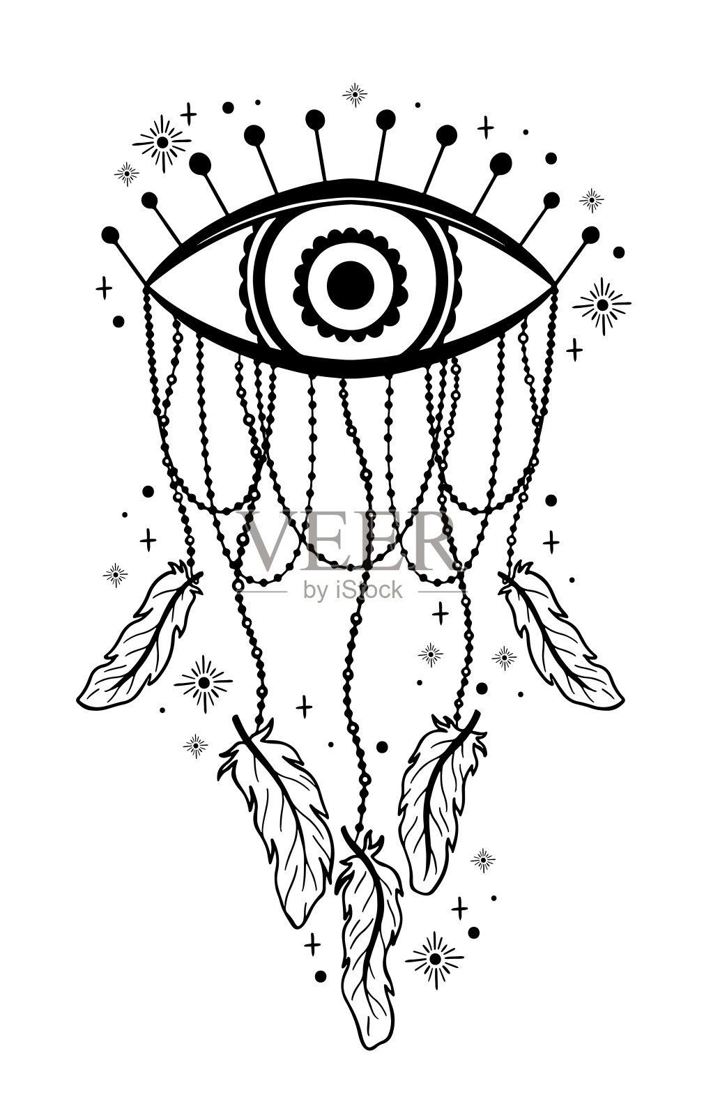 神秘的追梦人。手绘复古线条风格。放荡不羁的民族护身符插画图片素材